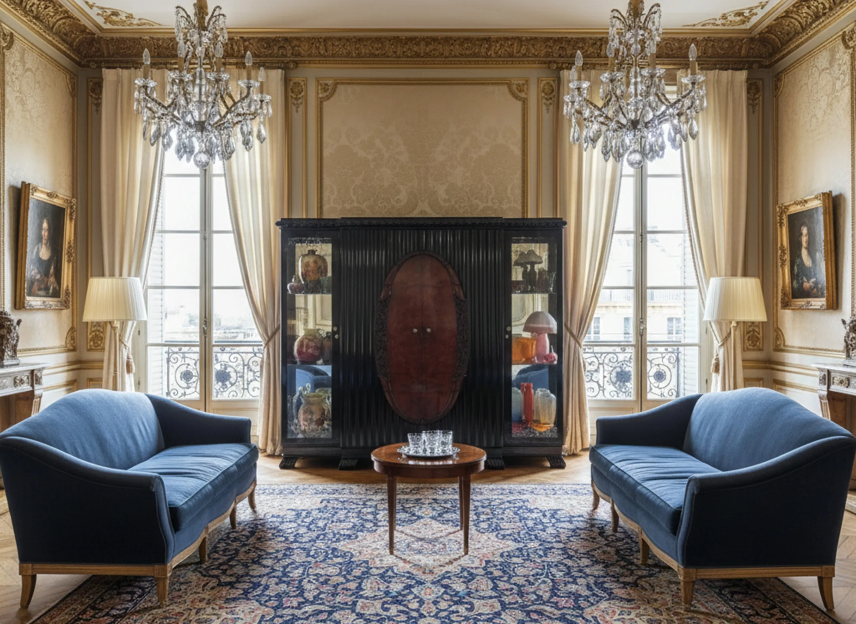 Antique display cabinet in an elegant room with lamp and furniture