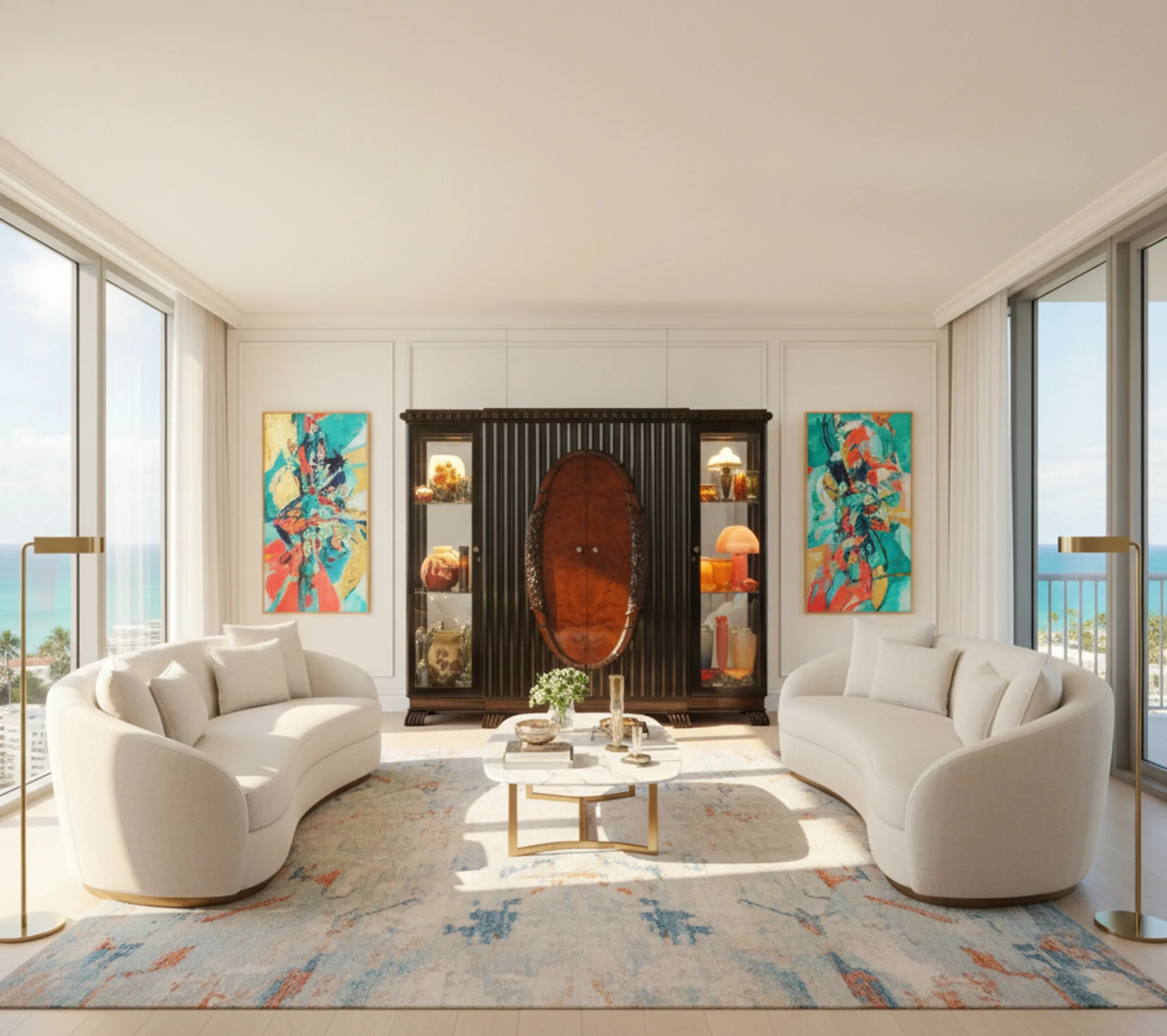 Vetrina antica che espone vari oggetti decorativi in un ambiente moderno.