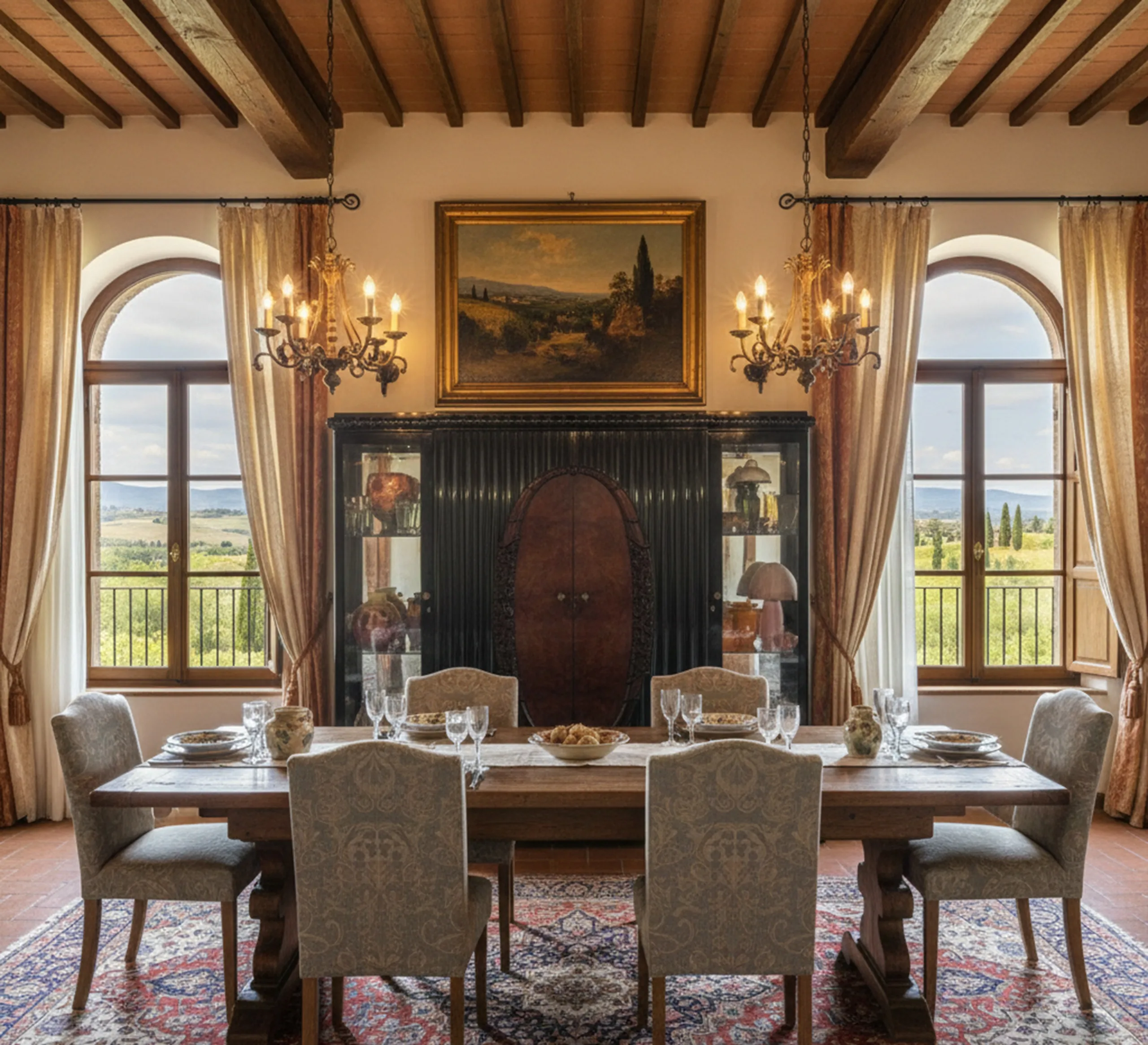 Vetrina antica con dettagli eleganti, ambientata in una sala da pranzo classica.