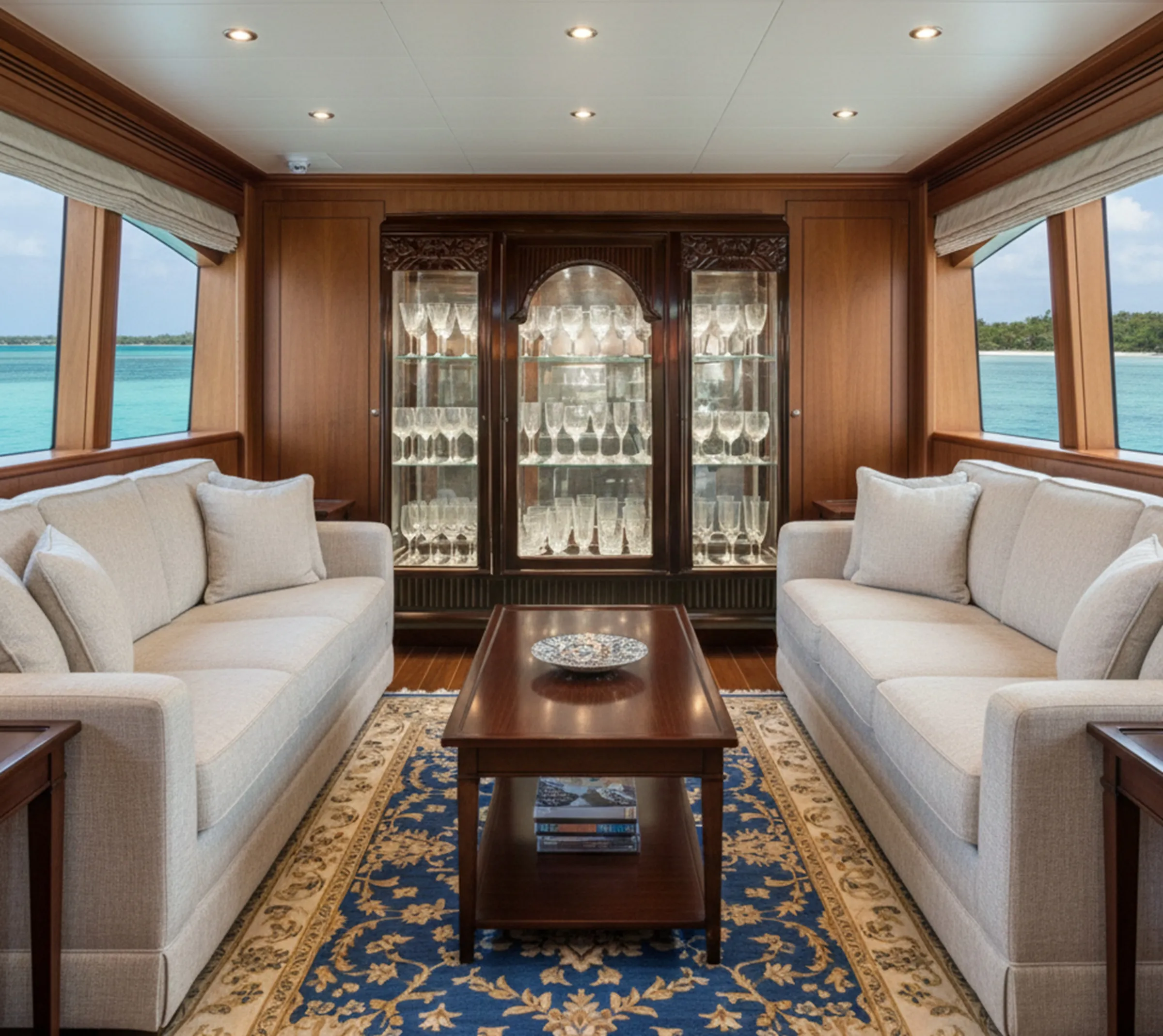 प्राचीन कैबिनेट जिसमें सजावटी शीर्ष और स्पष्ट कांच है, जो कांच के कप प्रदर्शित करता है।