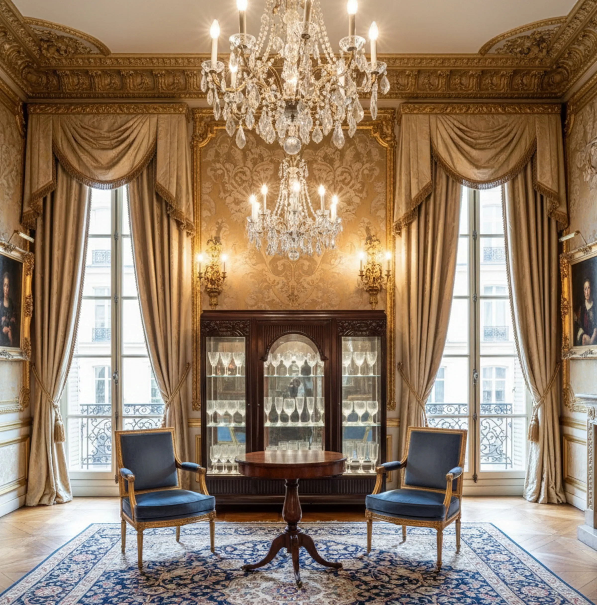 vitrine mit glas und kunstvollem hintergrund, elegante zimmer
