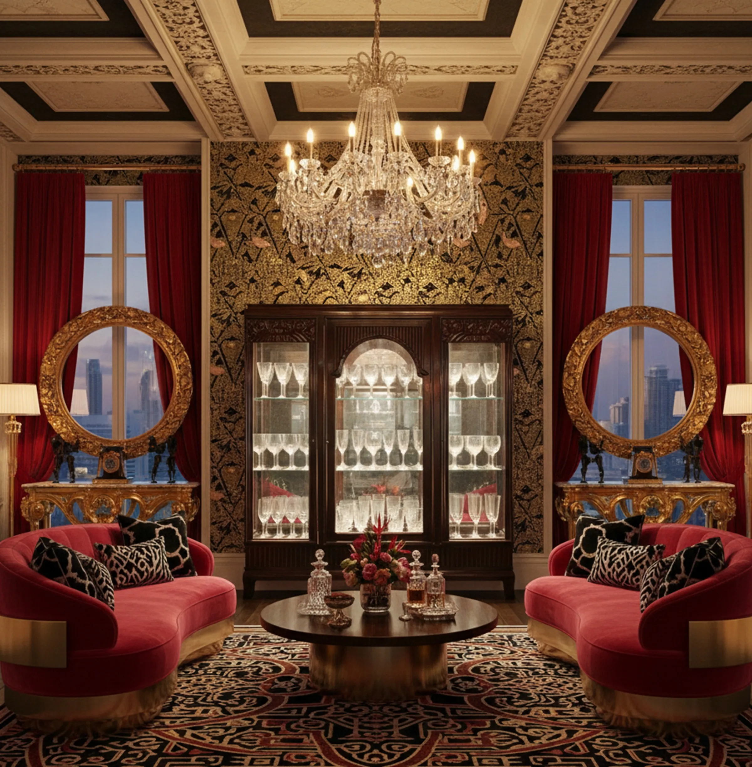 古董展示柜灯光和玻璃ware，优雅的装饰，舒适的氛围，红色沙发和咖啡桌