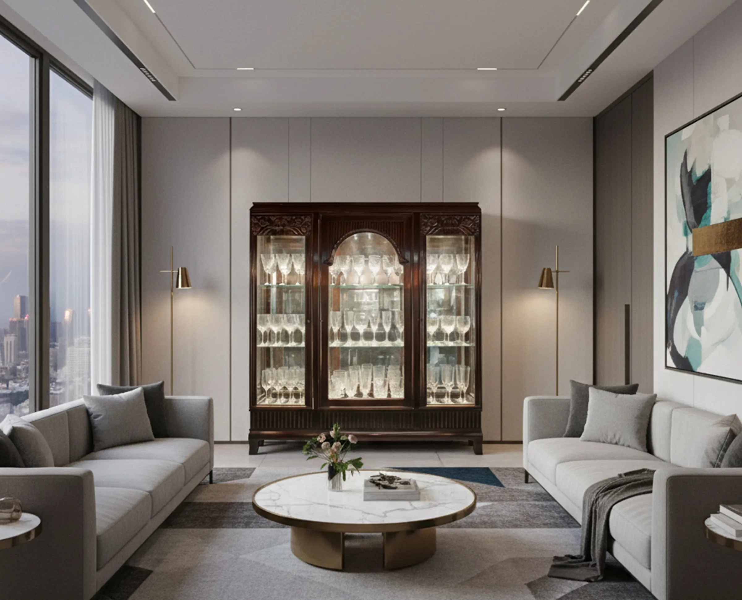 Antique display cabinet in a modern room, surrounded by gray sofas and a coffee table.