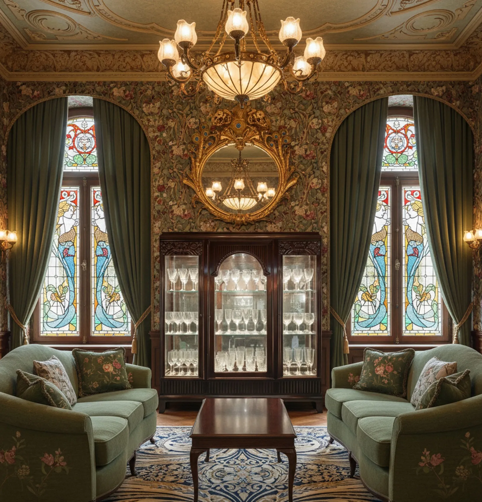 花の飾りのあるリビングルームの古い陳列ケース