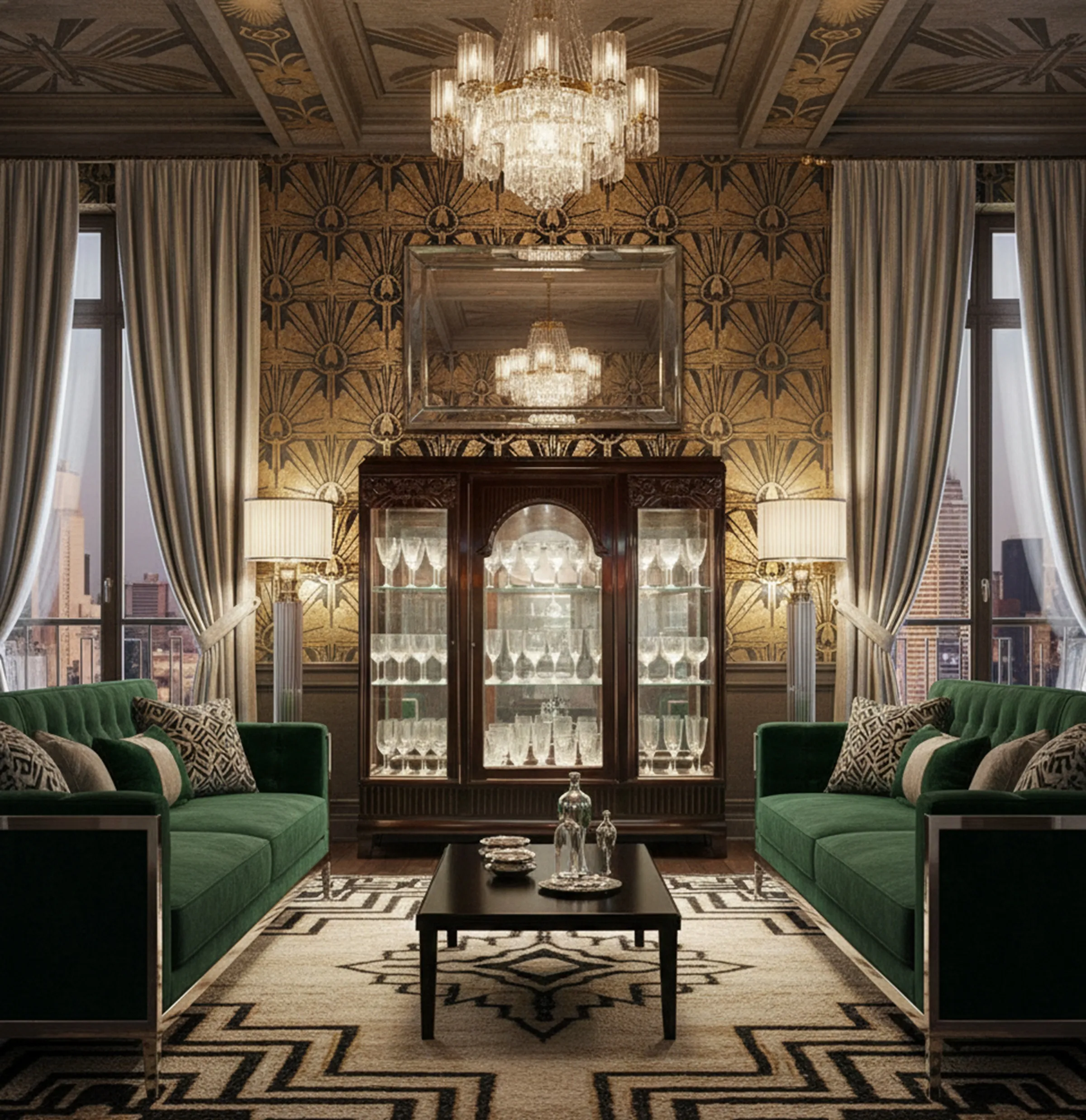 vitrine ancienne avec verre décoratif dans un salon élégant