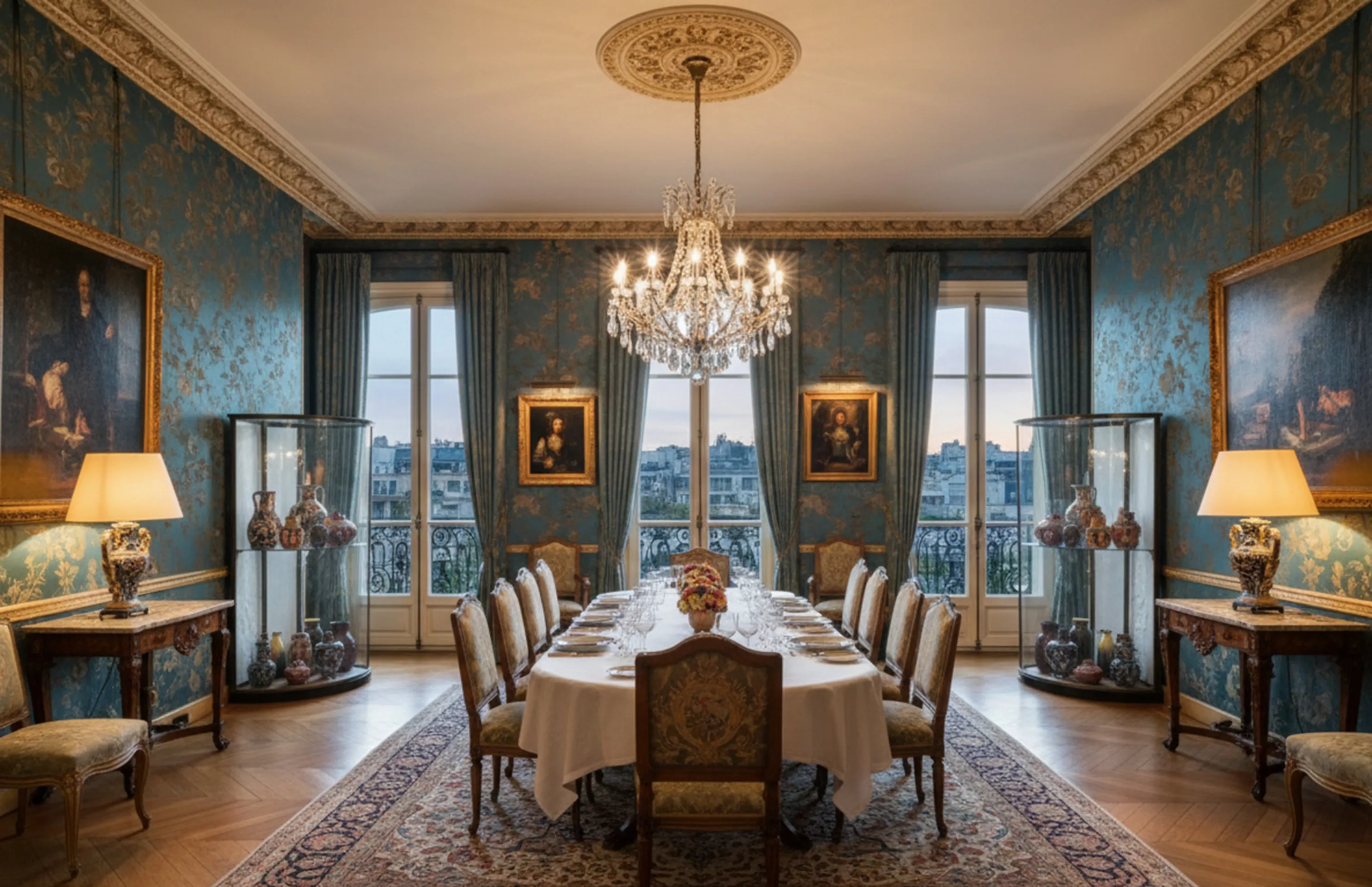 duas vitrines antigas em uma elegante sala de jantar