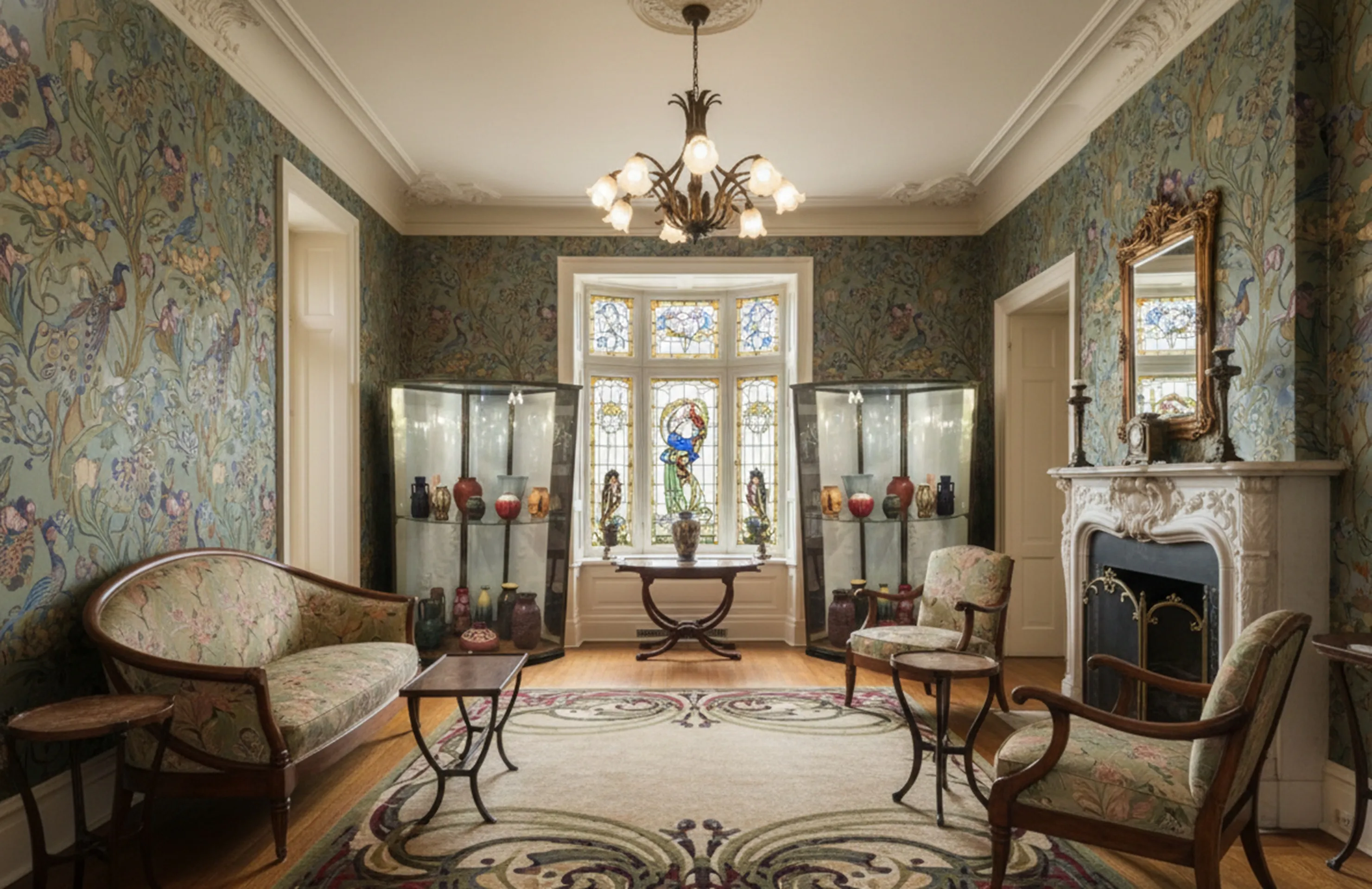 dos vitrinas antiguas en una habitación con decoración floral