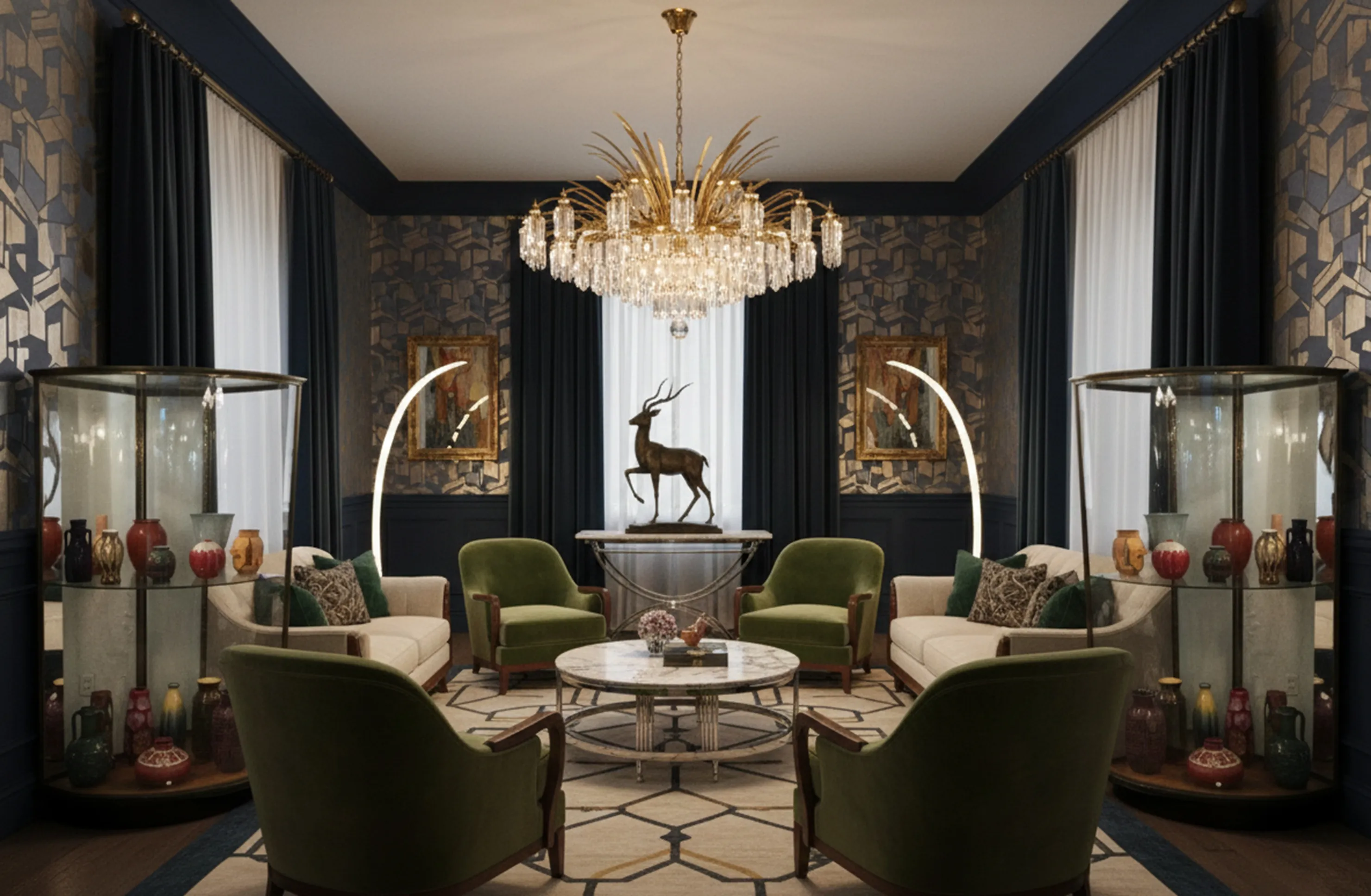 two antique display cabinets in an elegant setting with green armchairs and a coffee table