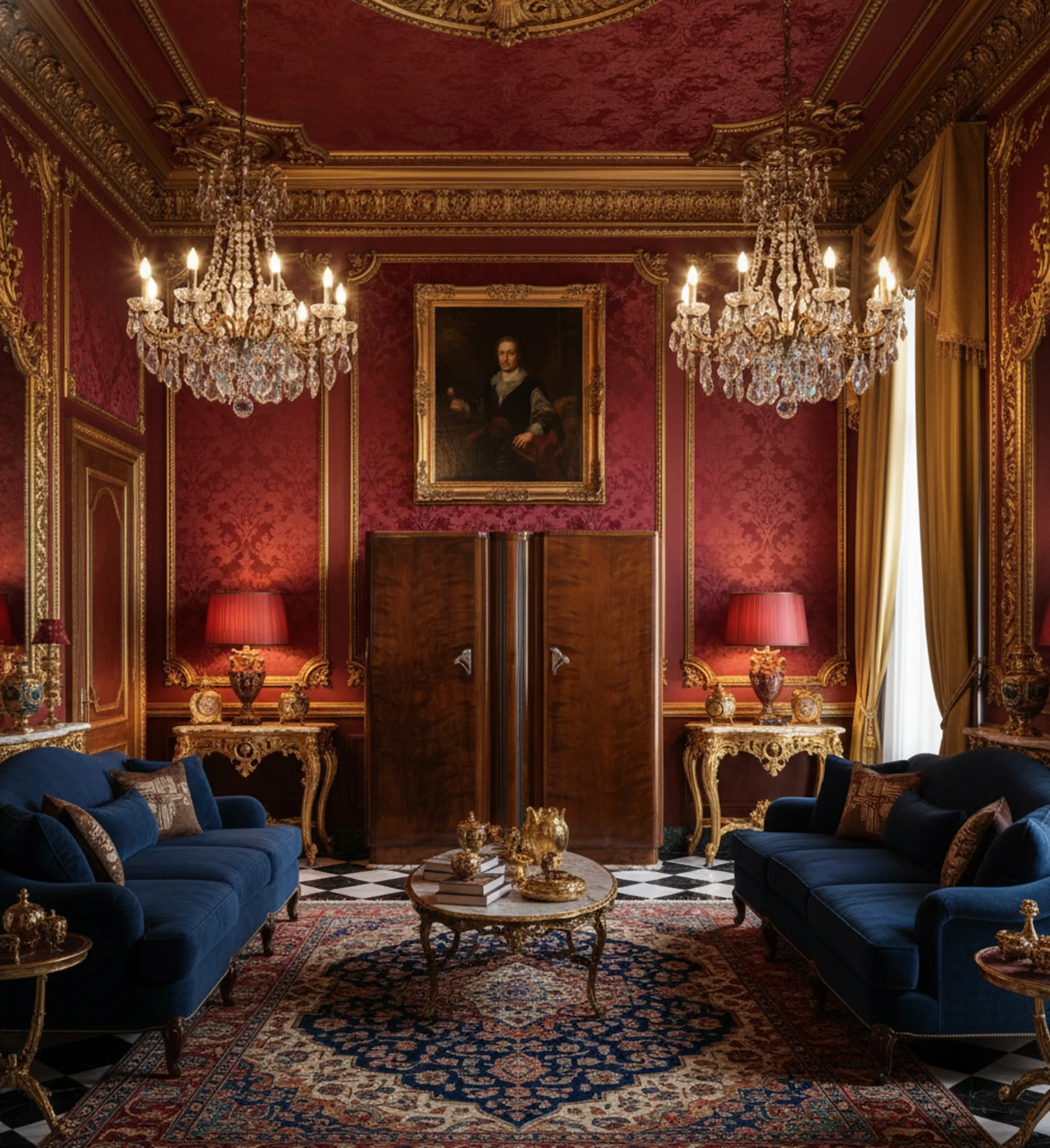 Meuble à cocktail antique avec lumière dans un salon classique.