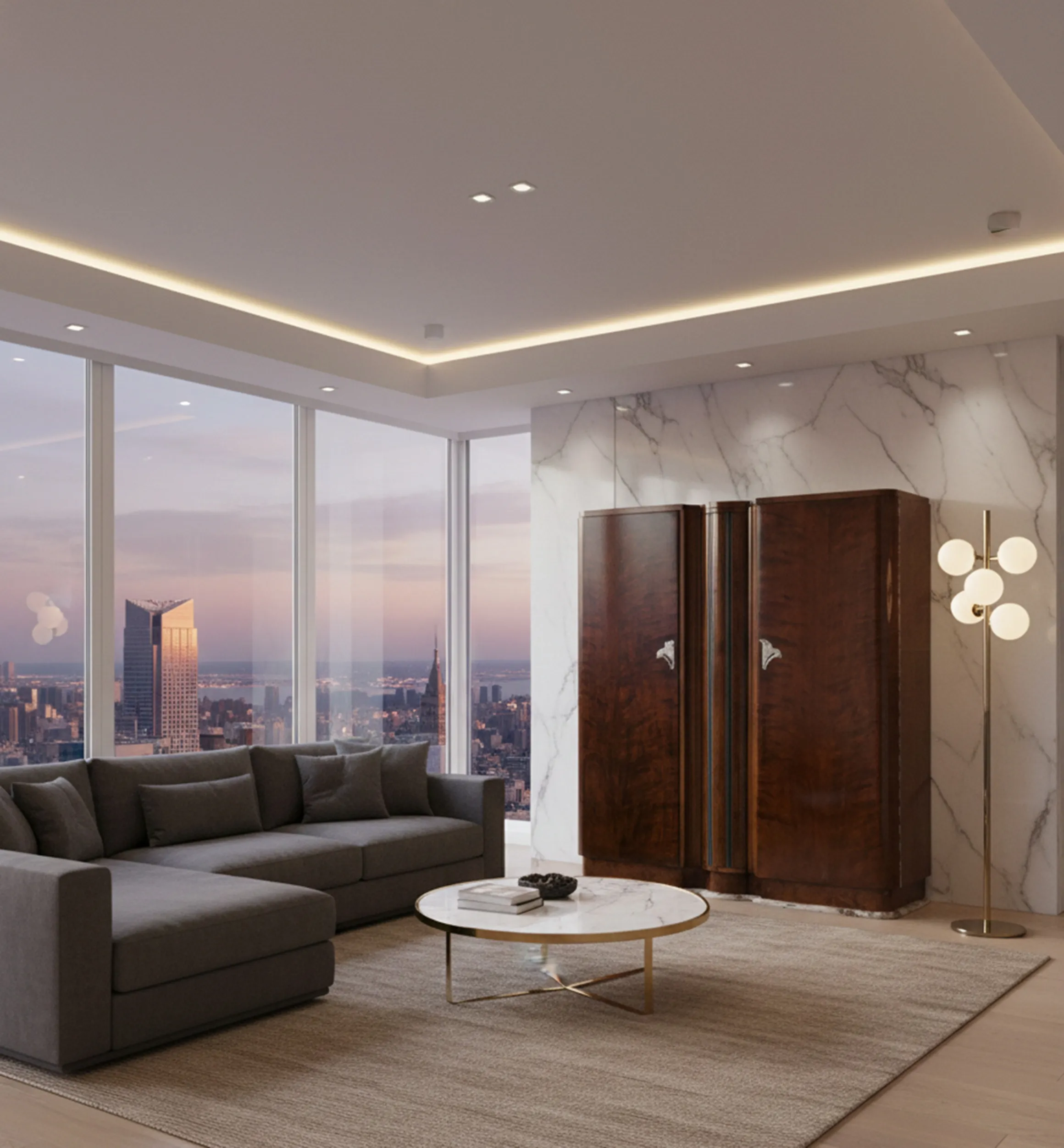 Mobile bar antico con luce in un soggiorno moderno con divano grigio