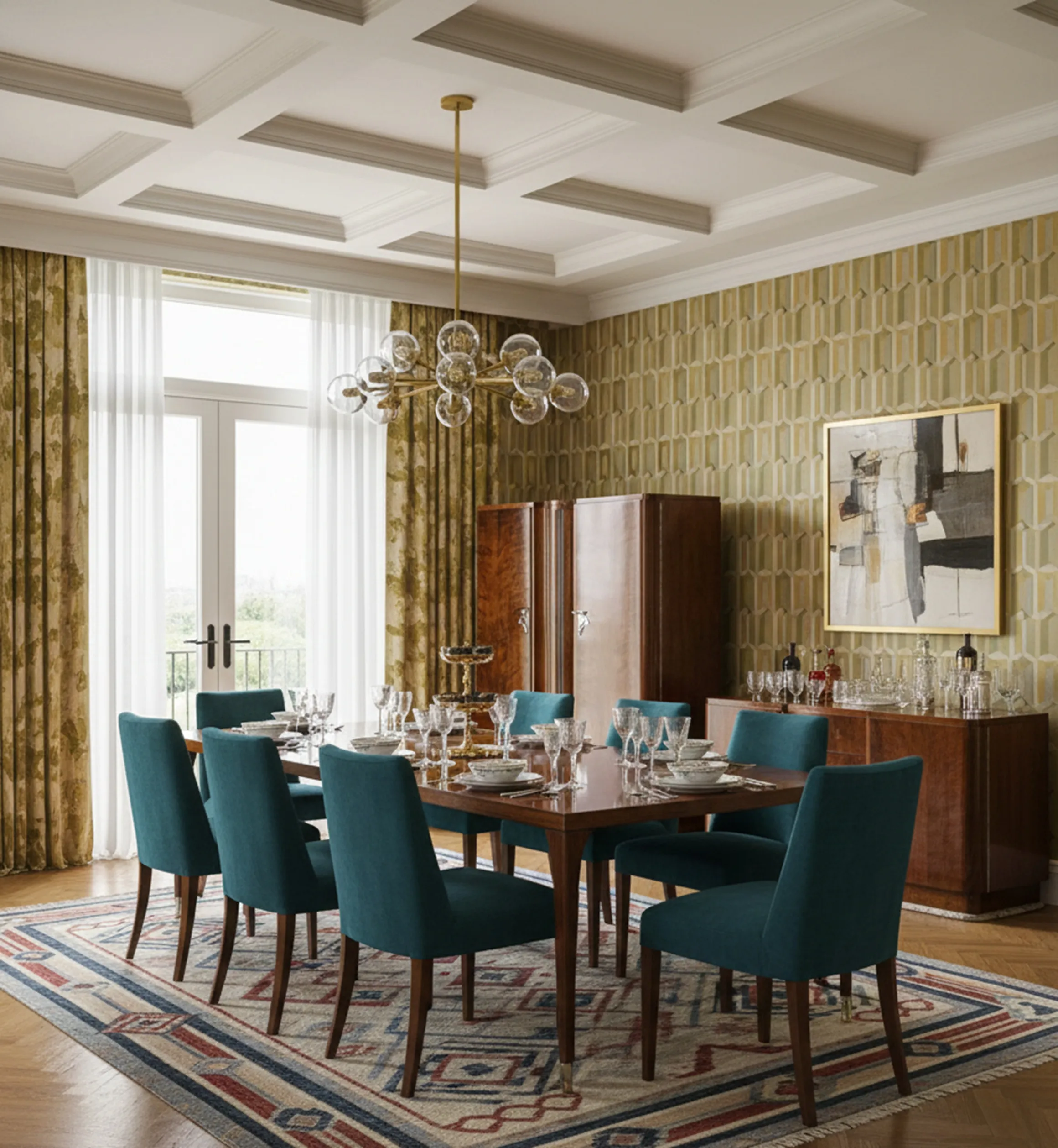 Mueble bar antiguo iluminado en un comedor elegante con decoración lujosa.