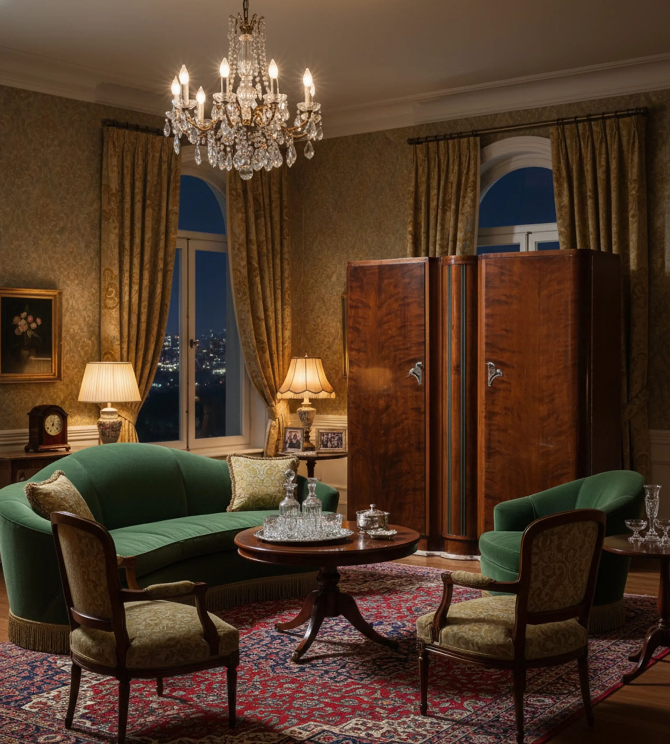 古い木製のバーが照明付きのエレガントな部屋にあります