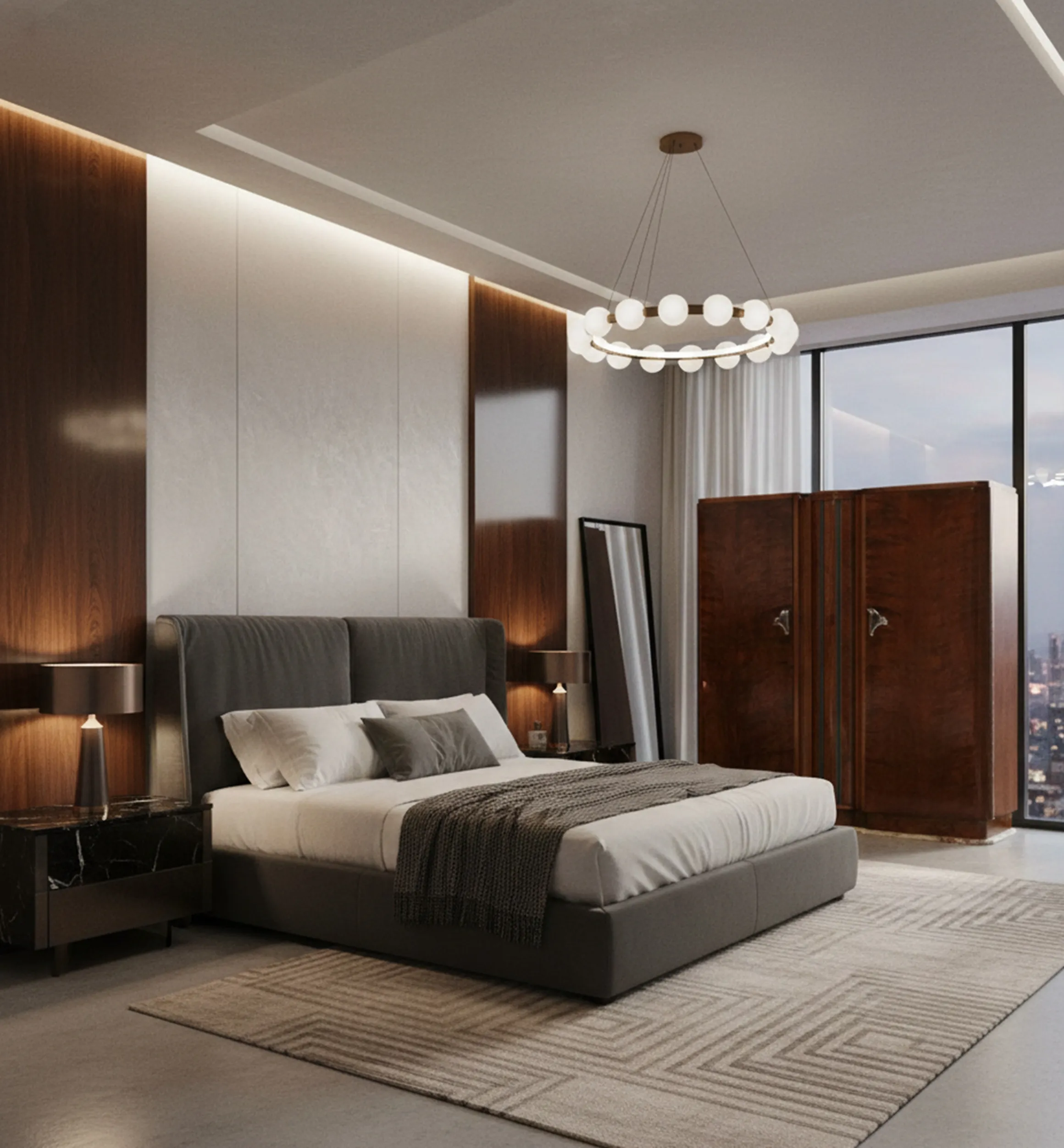 Antiker Bar mit Licht in modernem stilvollem Schlafzimmer, mit dekorativen Details.