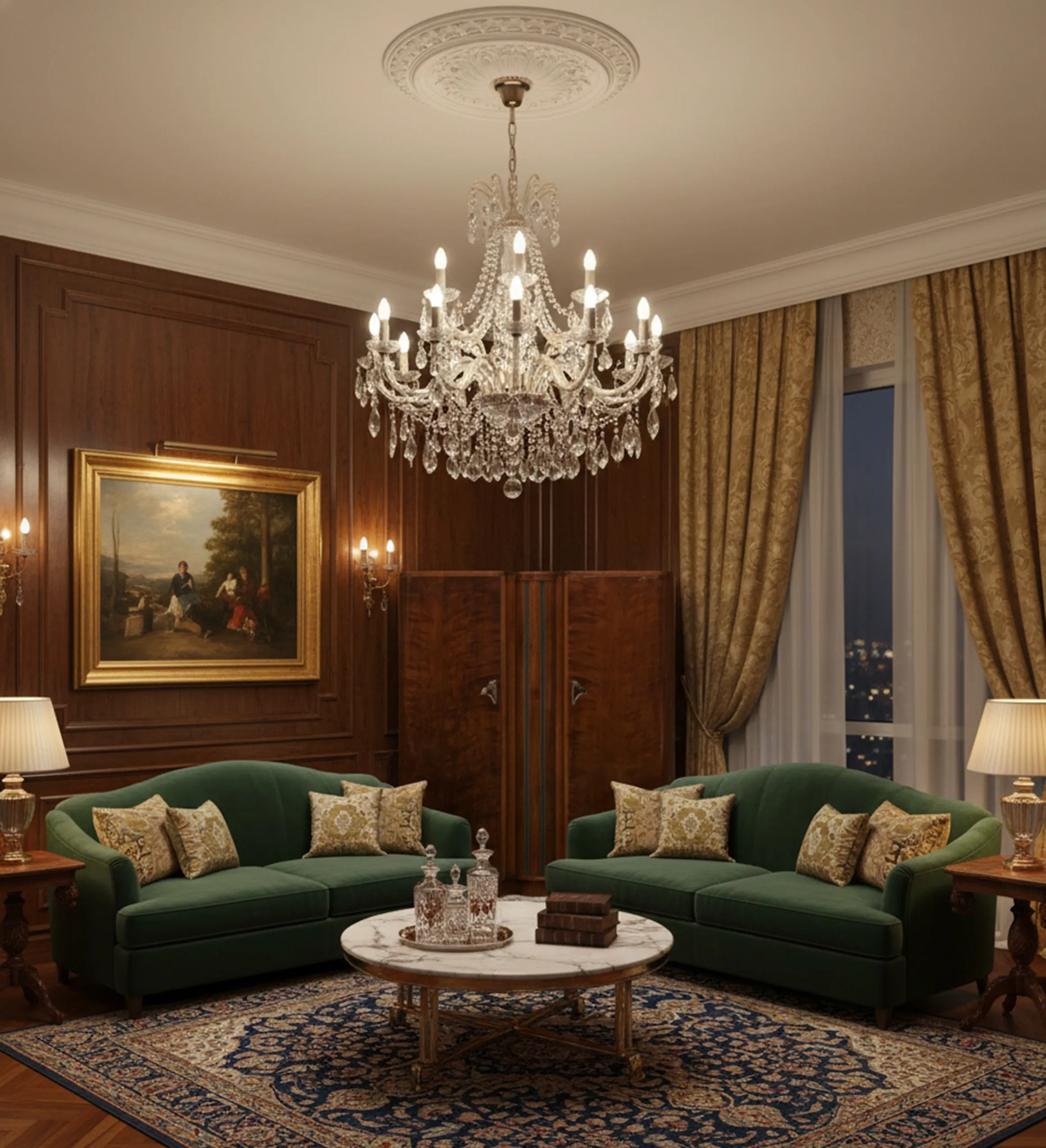 mueble bar antiguo con luz, ambiente elegante y cálido