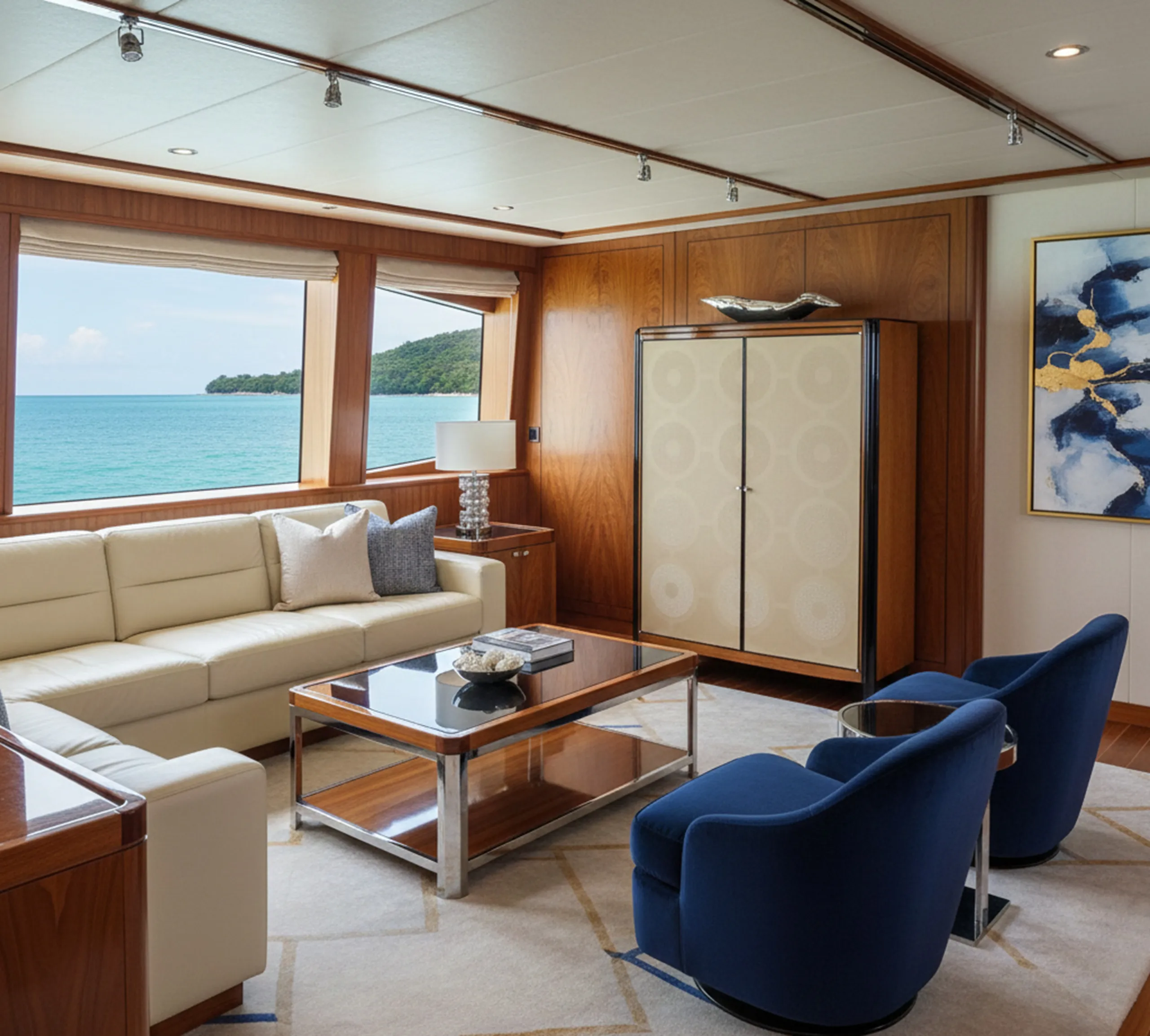 古本棚と現代的な部屋からの海の景色。