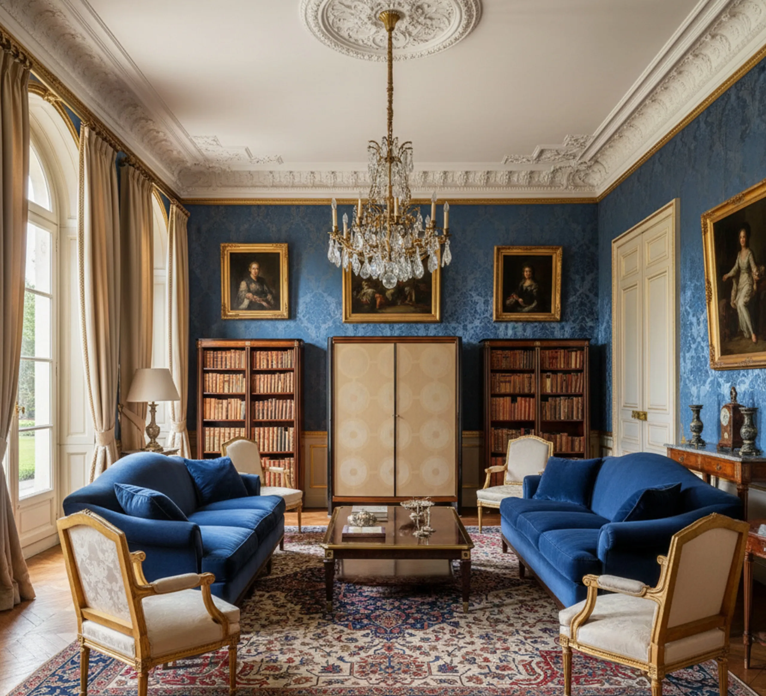 古い本棚と本が豪華なサロンにあり、絵の装飾があります