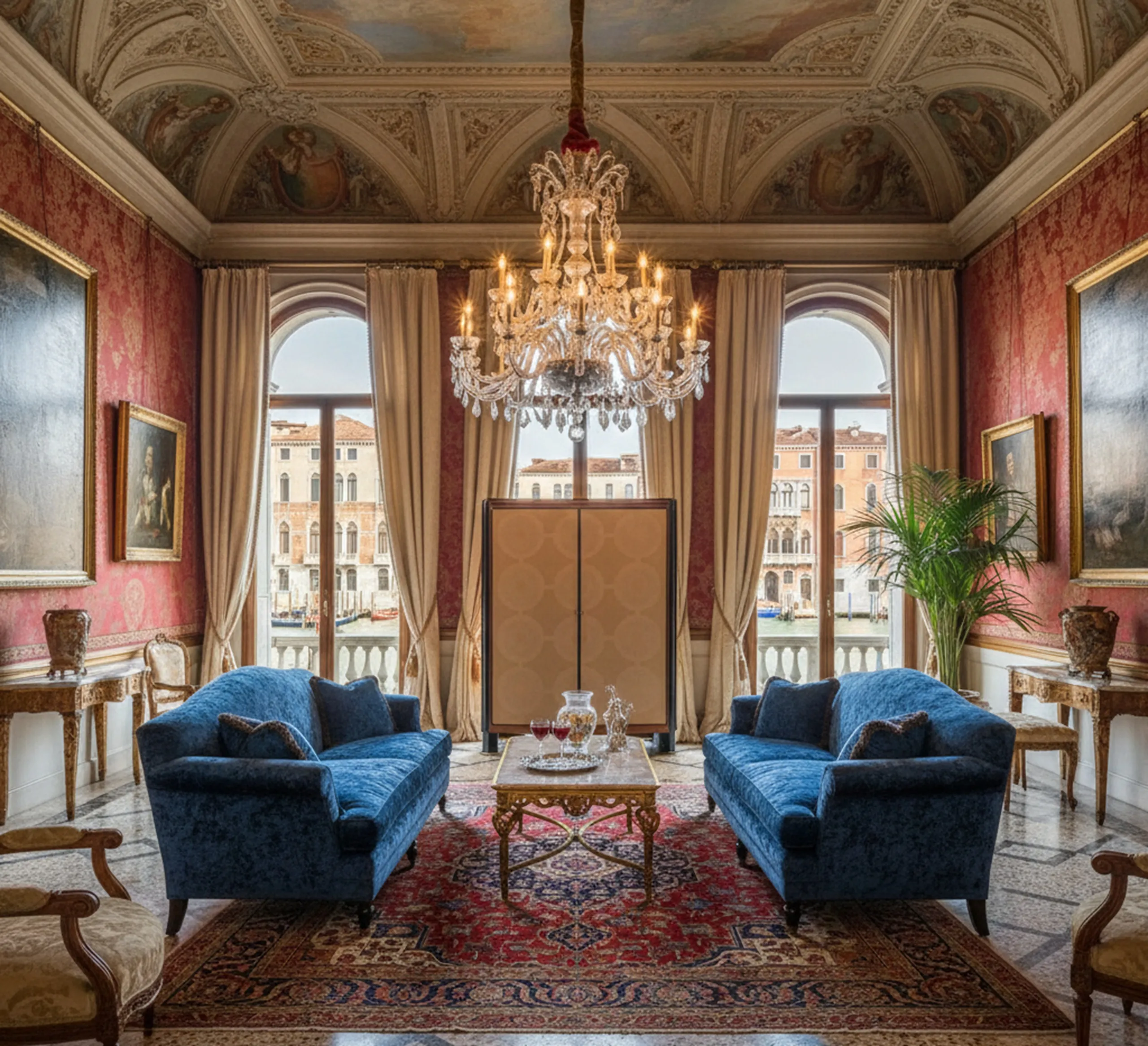 Старинный книжный шкаф в элегантной гостиной с светом и искусством.