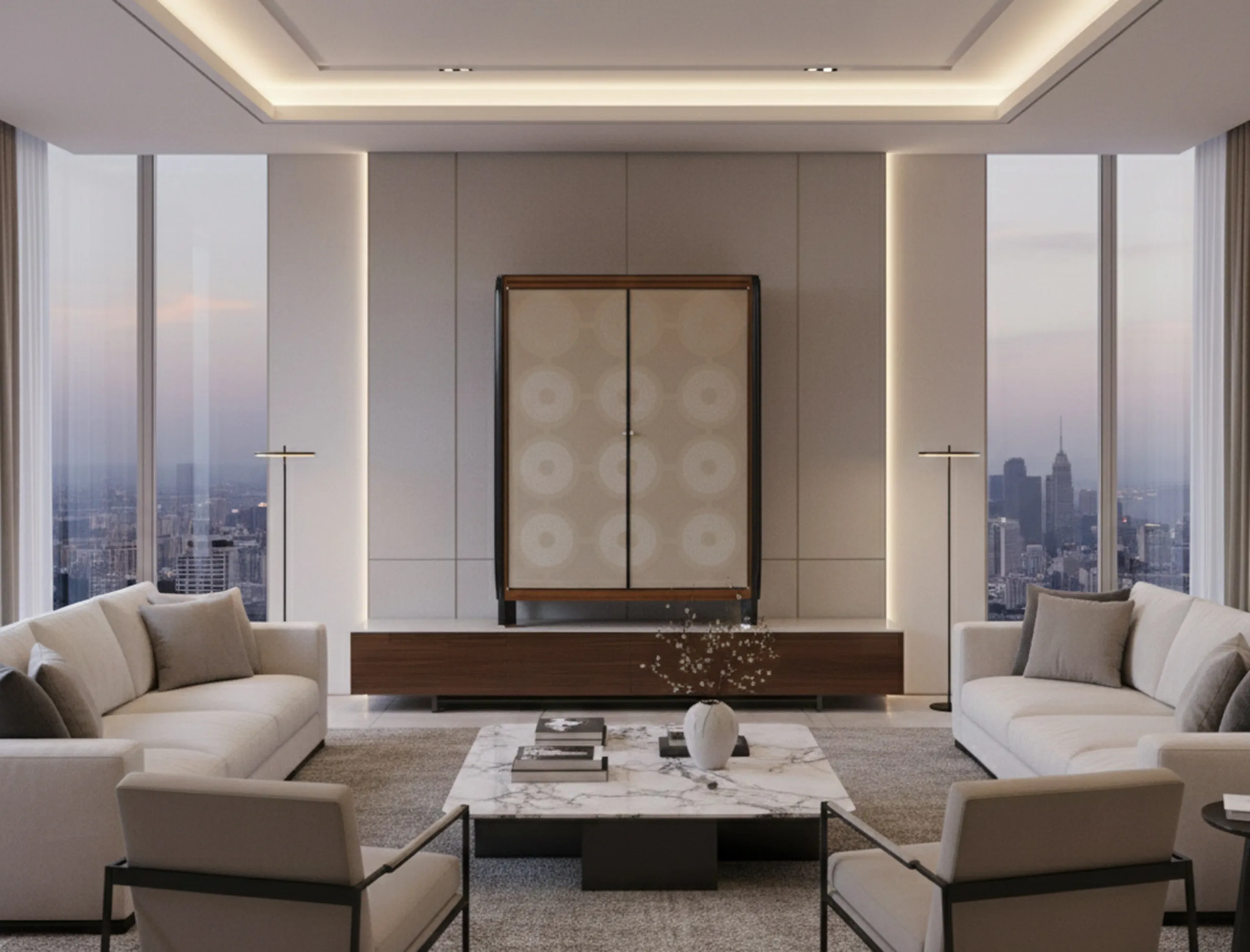 Estante de livros antigo com design elegante em uma sala moderna.