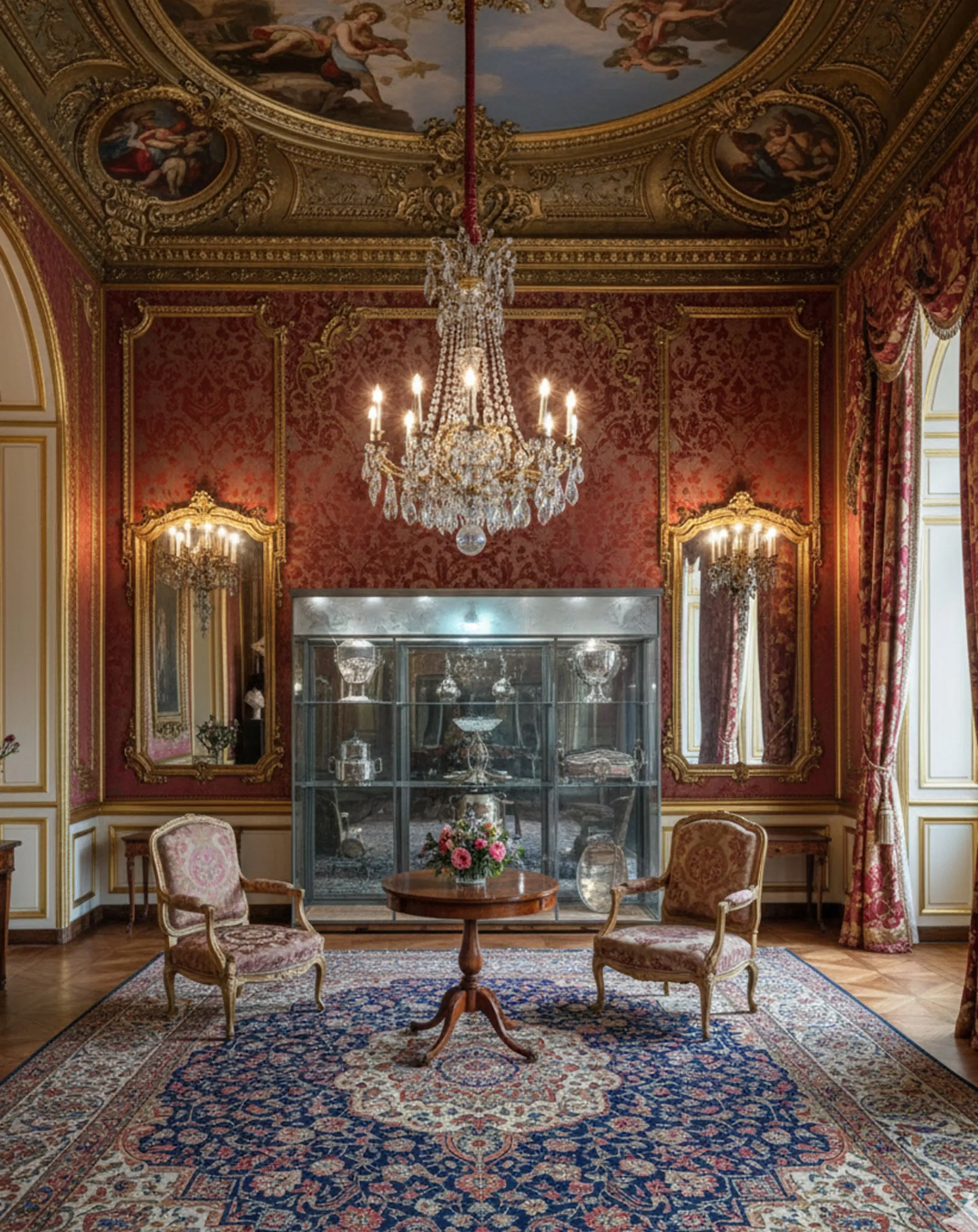 vetrina antica con vetro e decorazioni elaborate, ambiente elegante