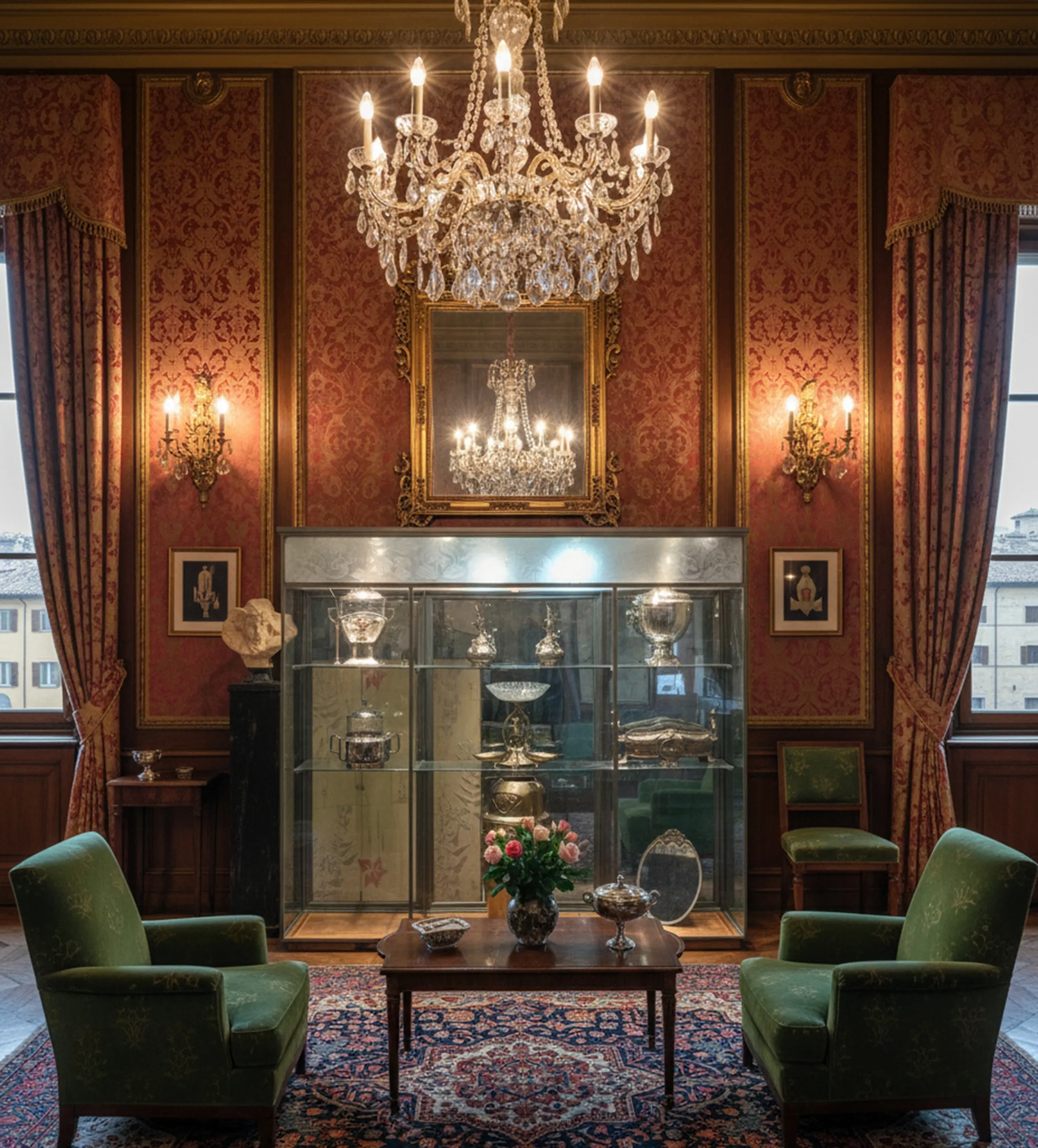 Vitrine ancienne avec objets de décoration dans un cadre élégant