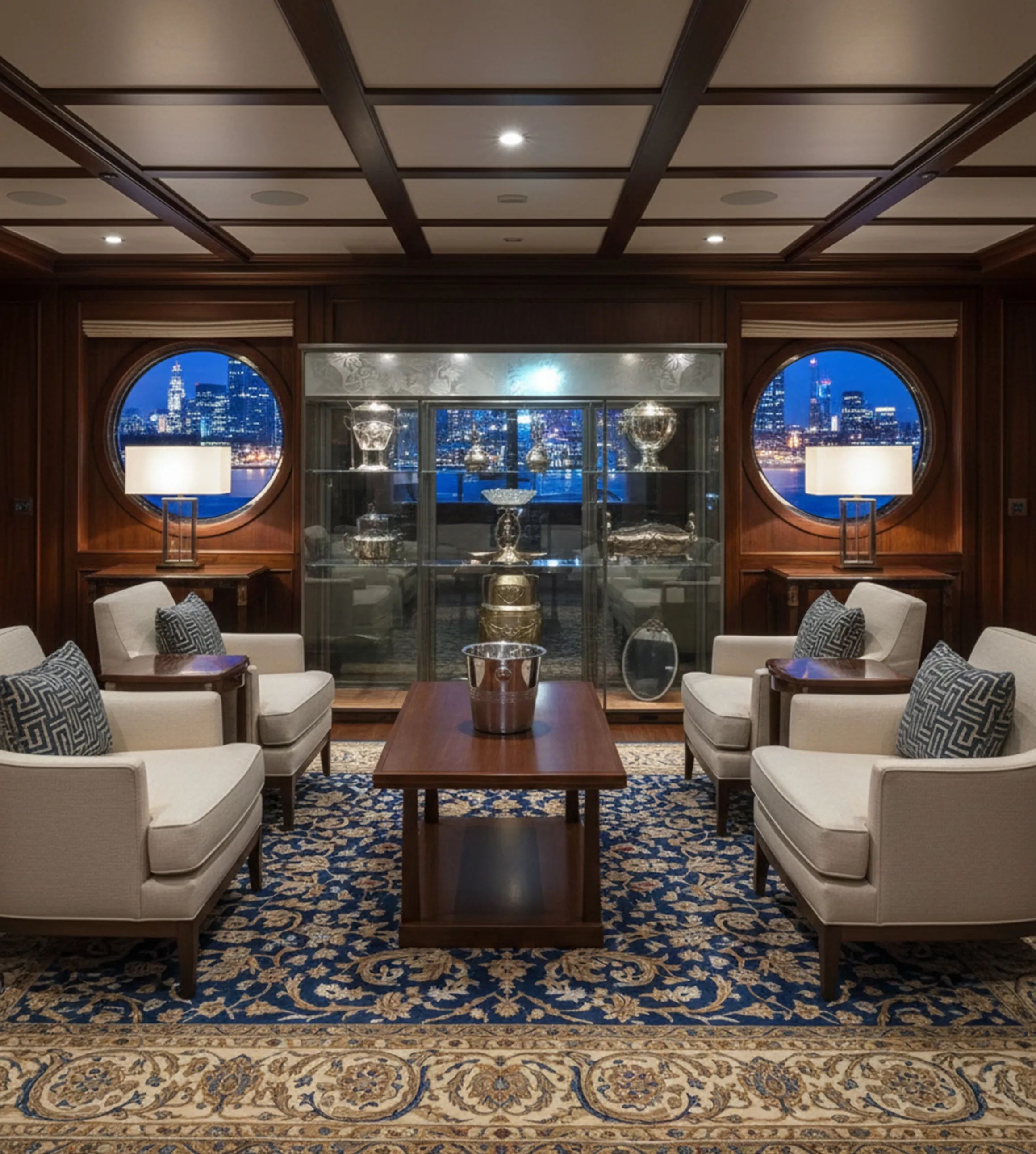 アンティークディスプレイキャビネットとリビングの椅子