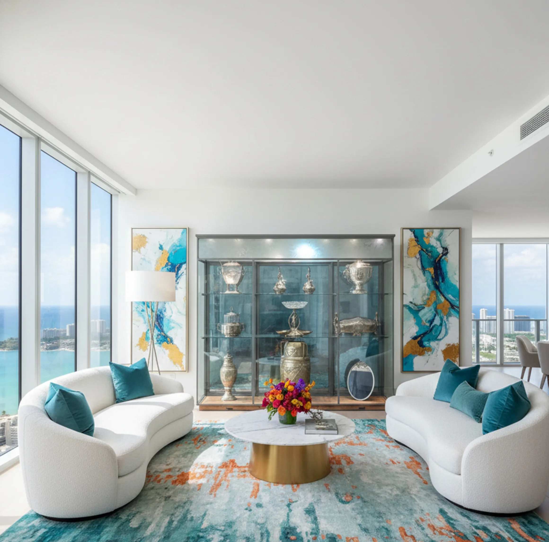 خزانة عرض قديمة بمجموعات في بيئة حديثة، مزينة بزهرة