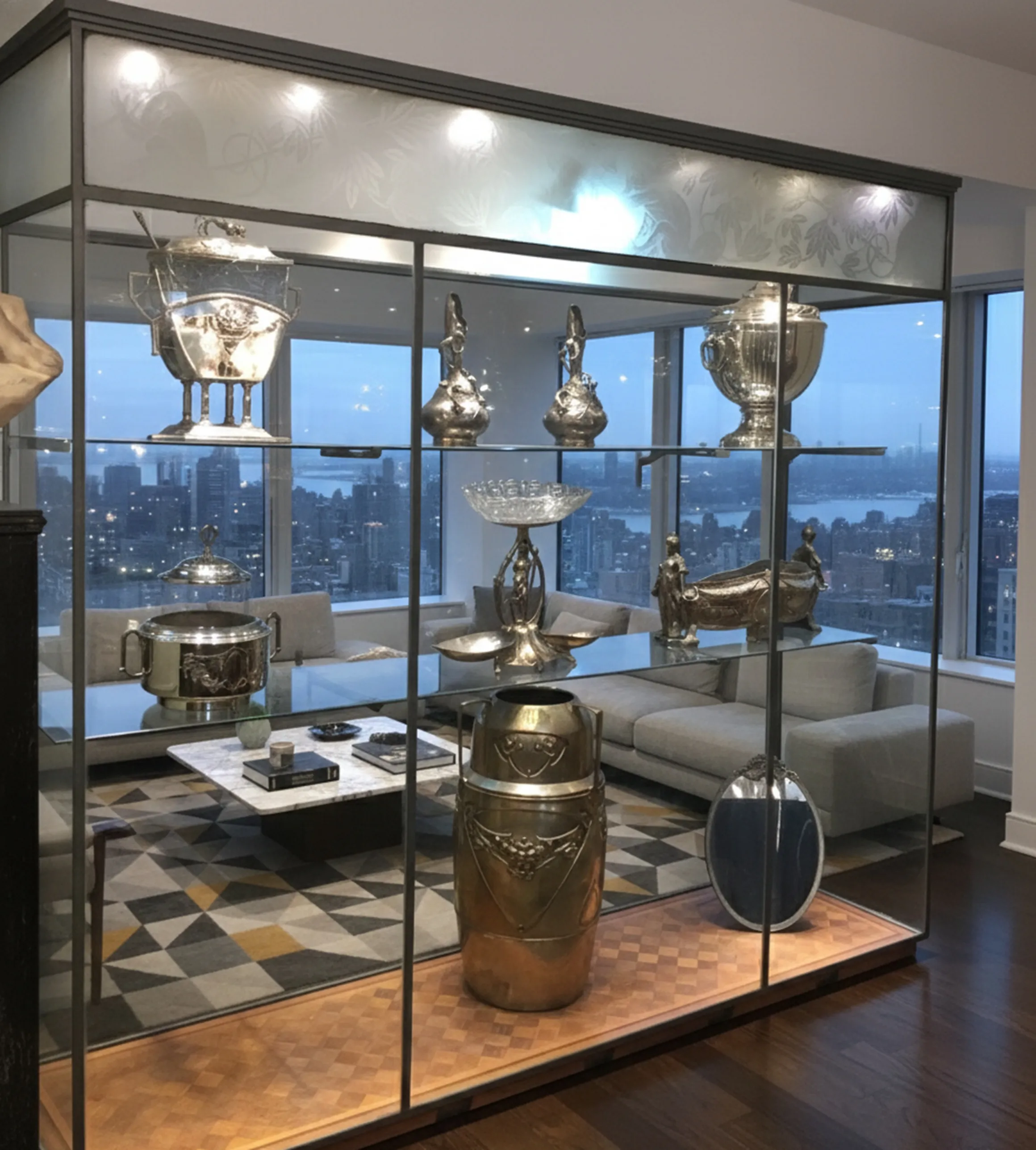 vitrine antiga exibindo itens de coleção em um ambiente moderno