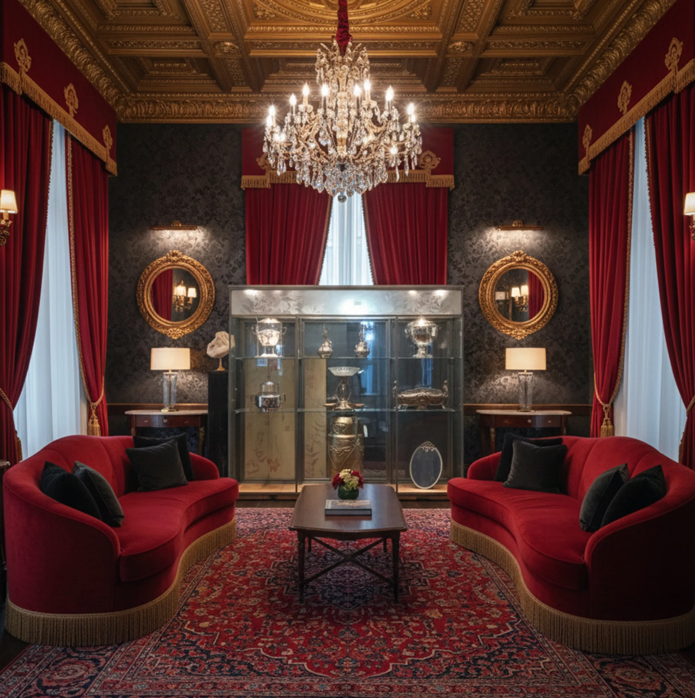 vitrine ancienne avec des détails décoratifs et des lumières brillantes dans un salon élégant