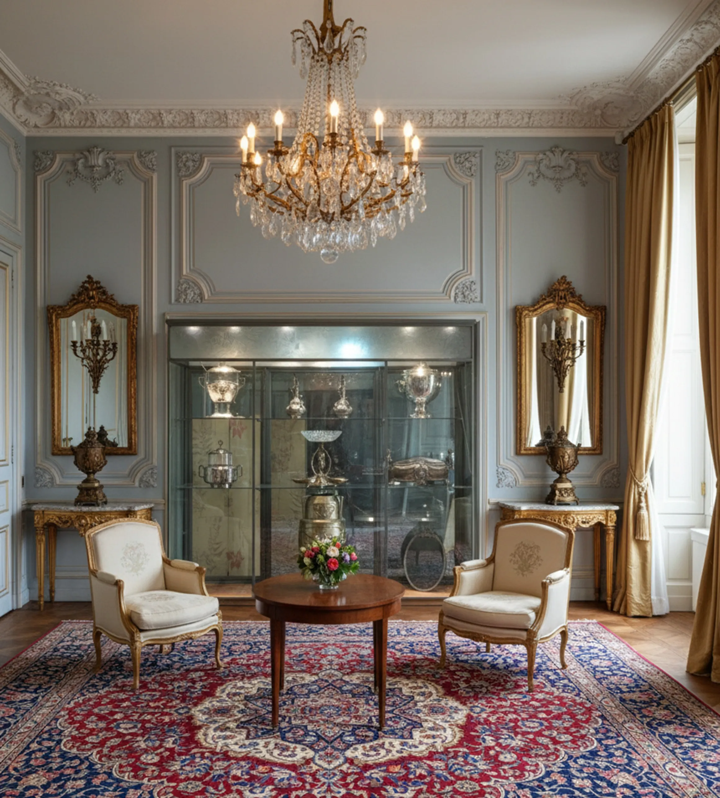 Vitrina antigua exhibiendo antigüedades y objetos decorativos en un ambiente elegante.