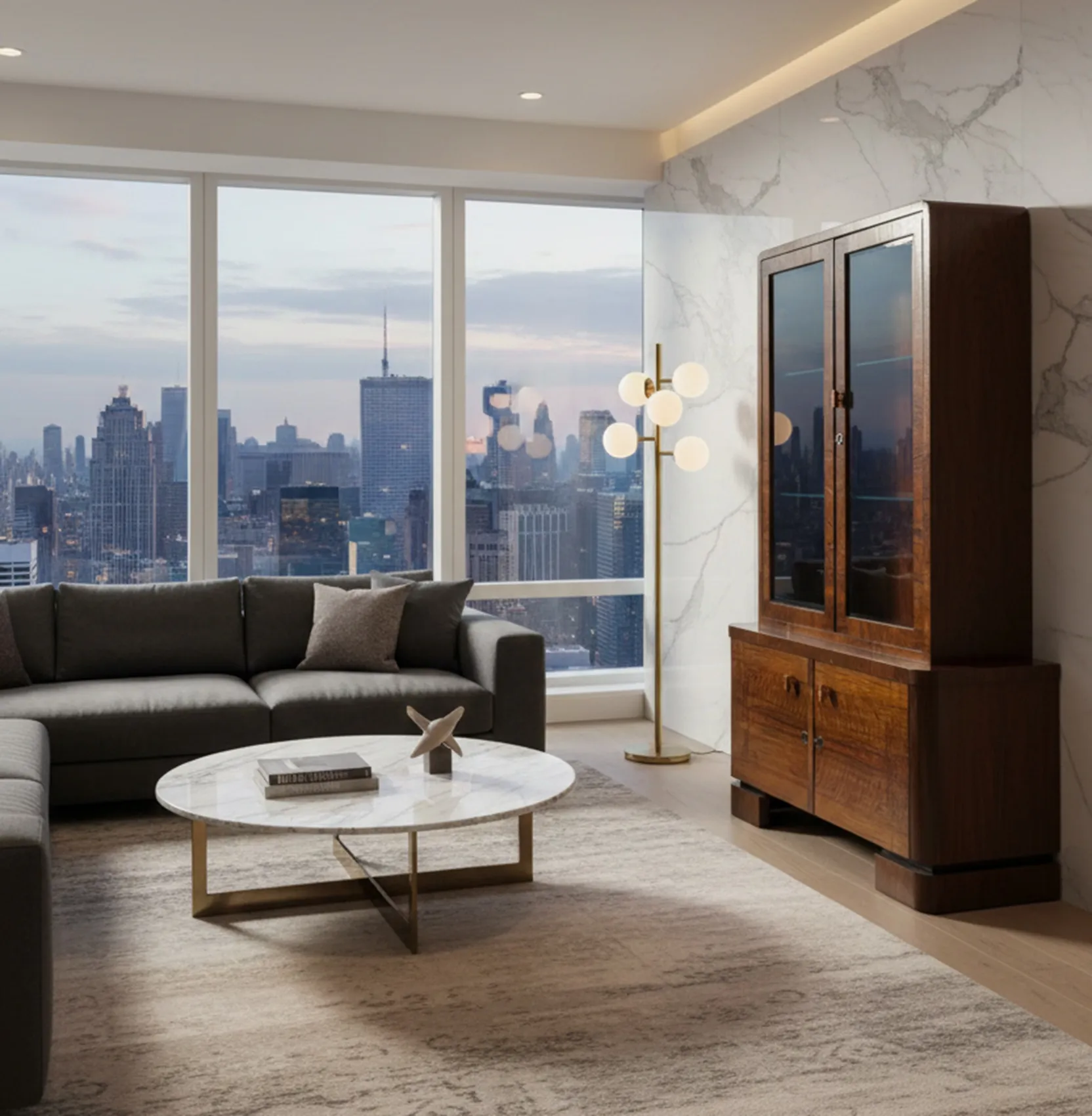 bibliothèque antique avec étagères ouvertes et vue moderne