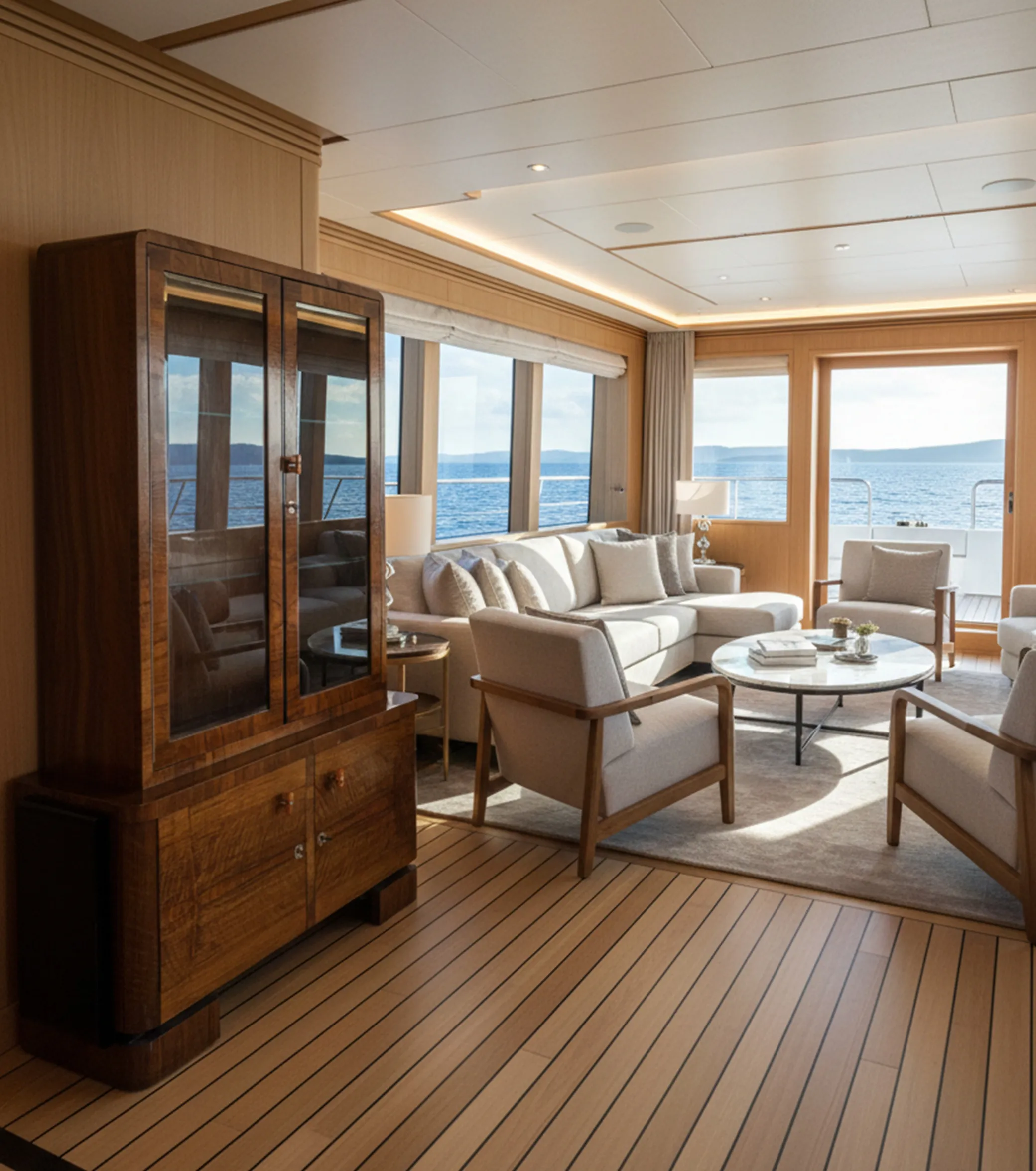 Una biblioteca antigua con gabinetes de vidrio, en un salón luminoso y moderno con vistas al mar.