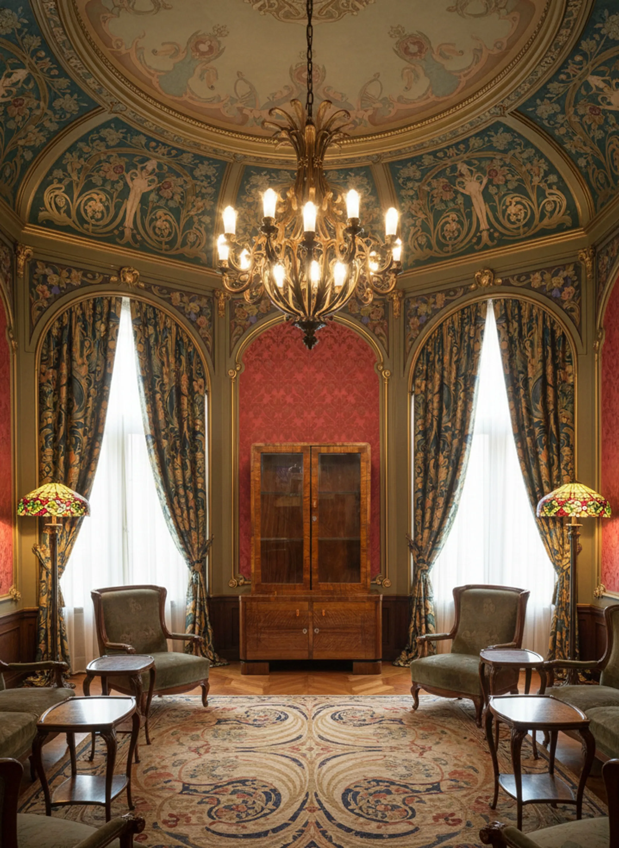 古い本棚がある古典的なリビングルームのライト付き。