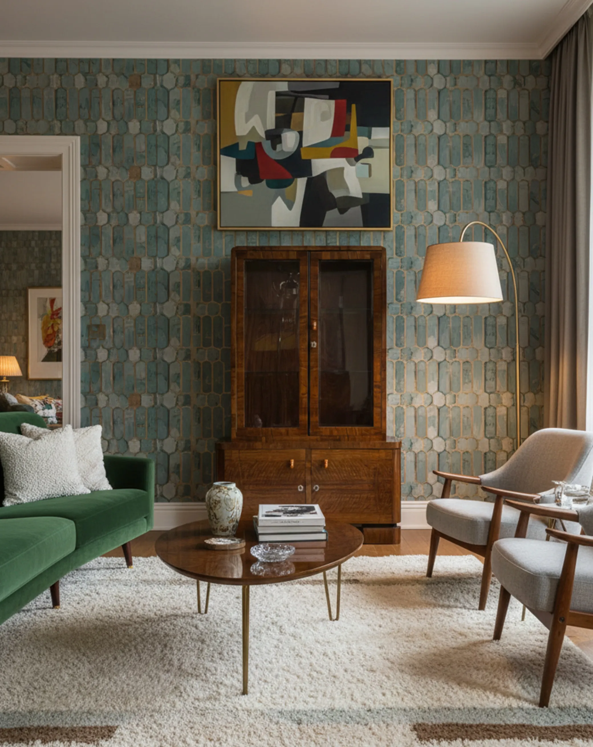 Antiga biblioteca perto de um sofá verde, decoração elegante.