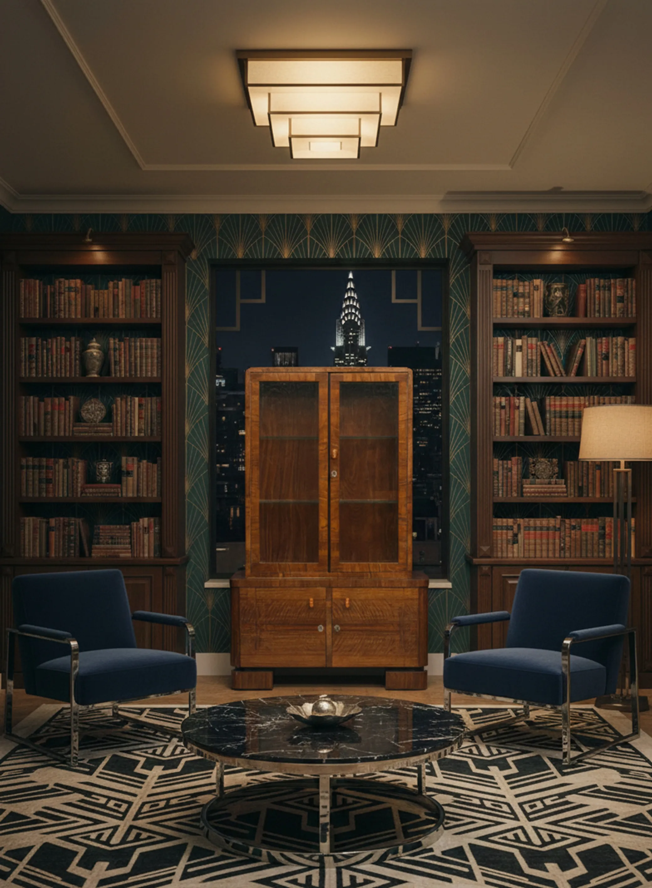 antique bookcase with old books and elegant setting