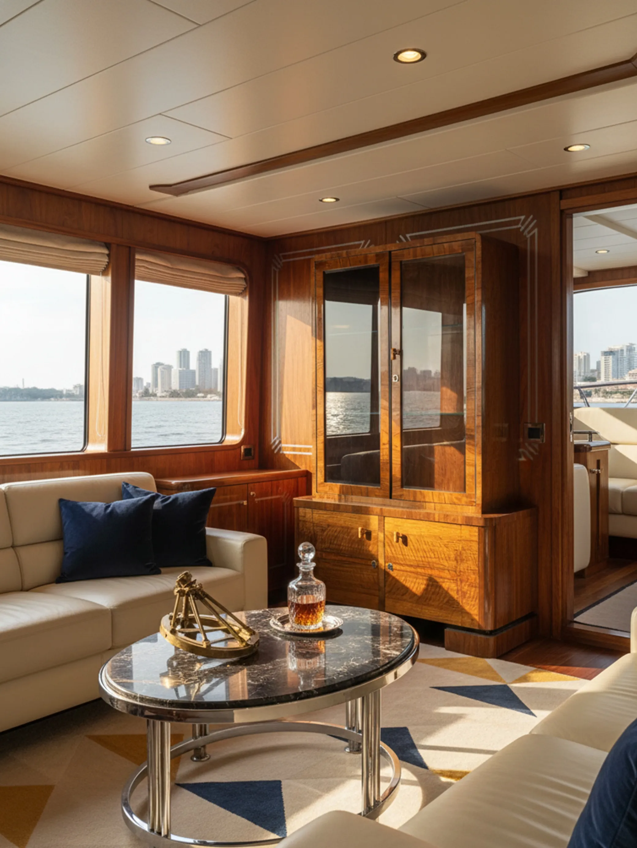 bibliothèque antique de style classique sur un bateau.