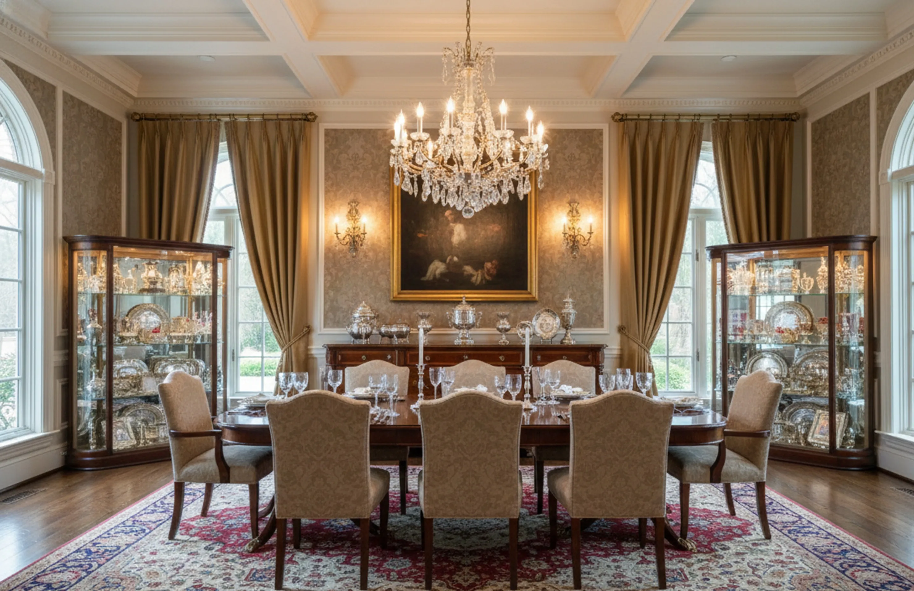 सुरुचिपूर्ण डाइनिंग रूम में 2 प्राचीन शोकेस और नरम प्रकाश