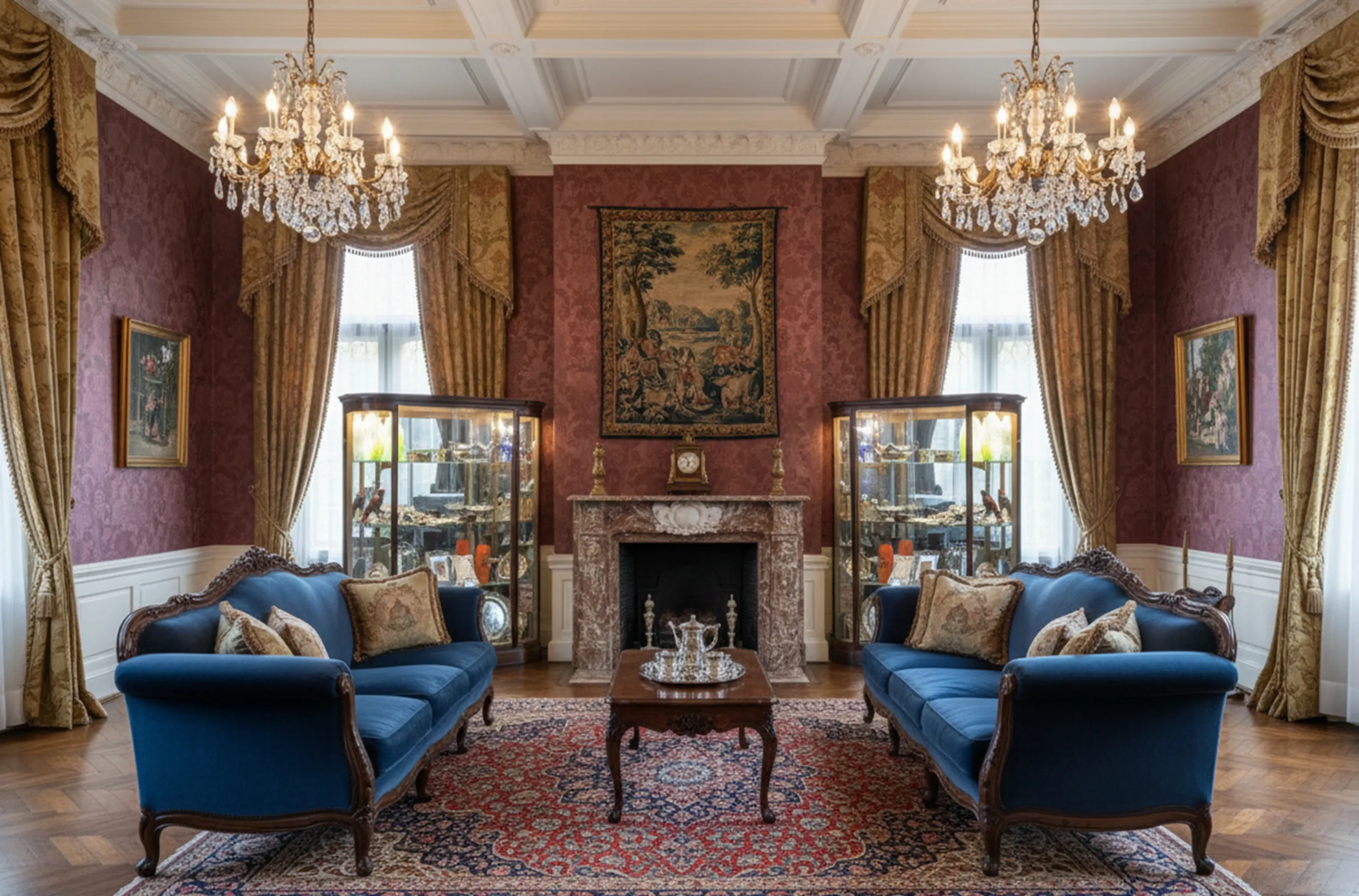 two antique display cabinets in an elegantly designed room with blue sofa