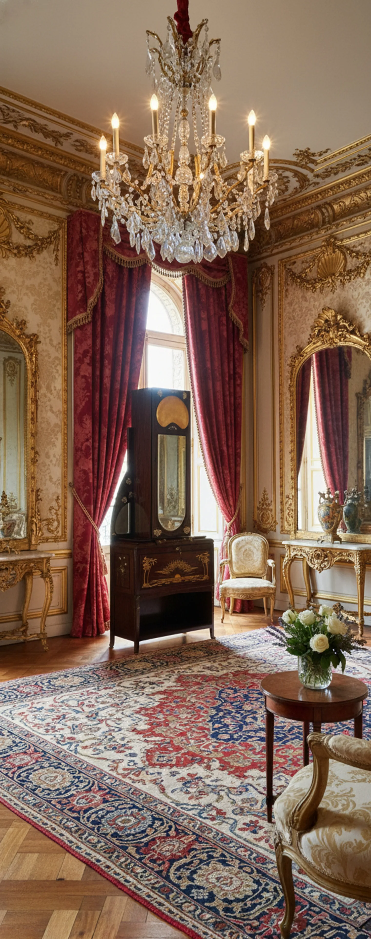 vitrine ancienne avec détails décoratifs dans une salle luxueuse