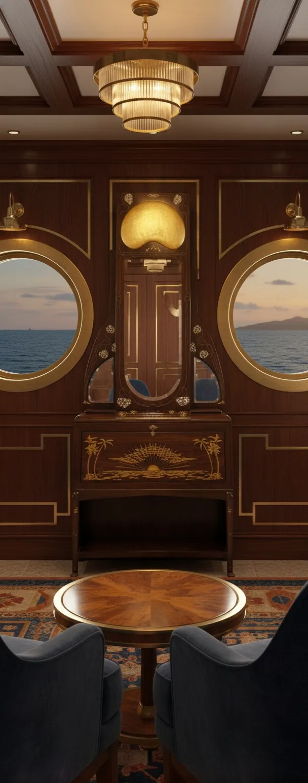 Vitrine antiga com detalhes náuticos em um ambiente elegante.