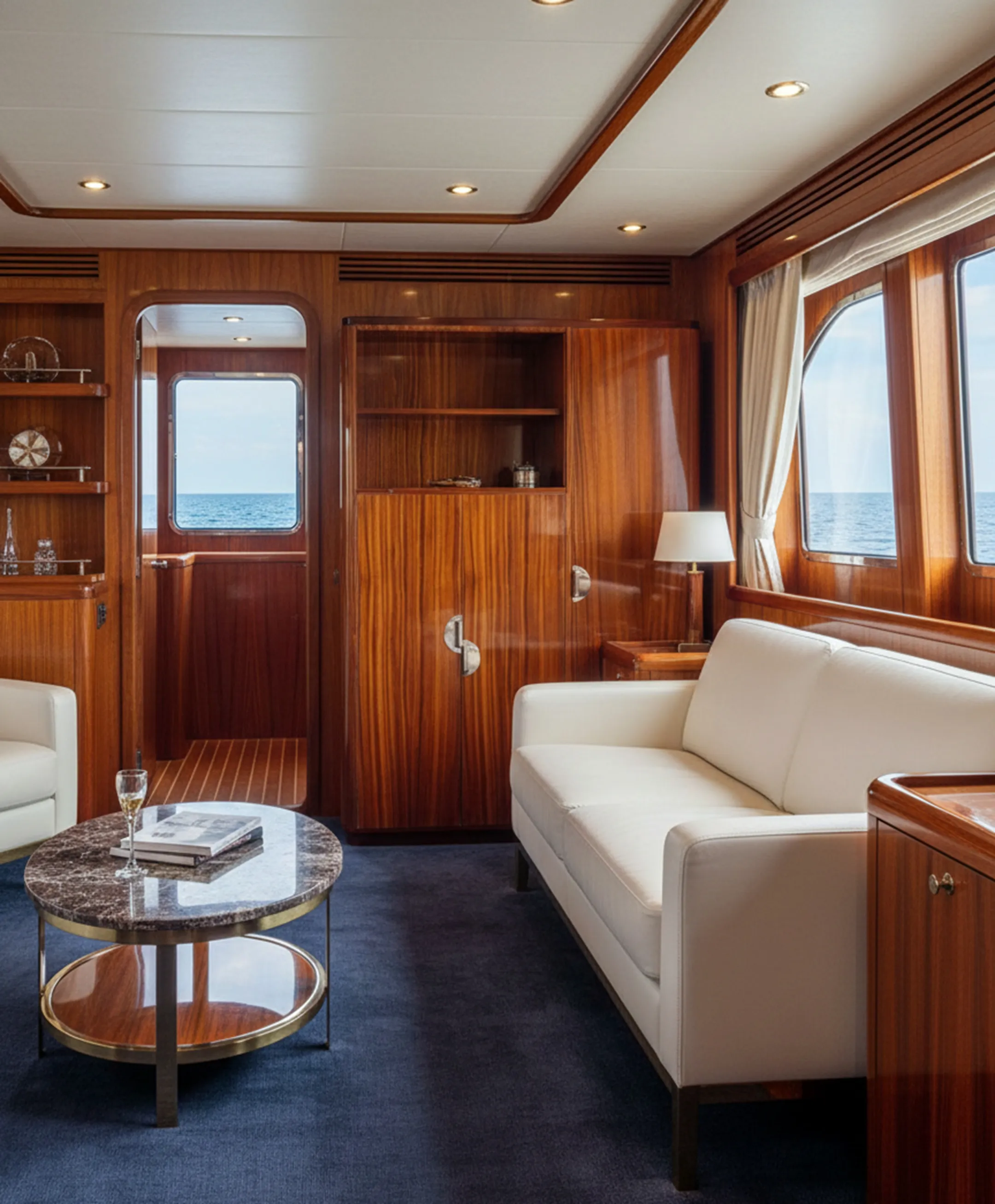 바다가 보이는 우아한 거실에 있는 고서적 서가