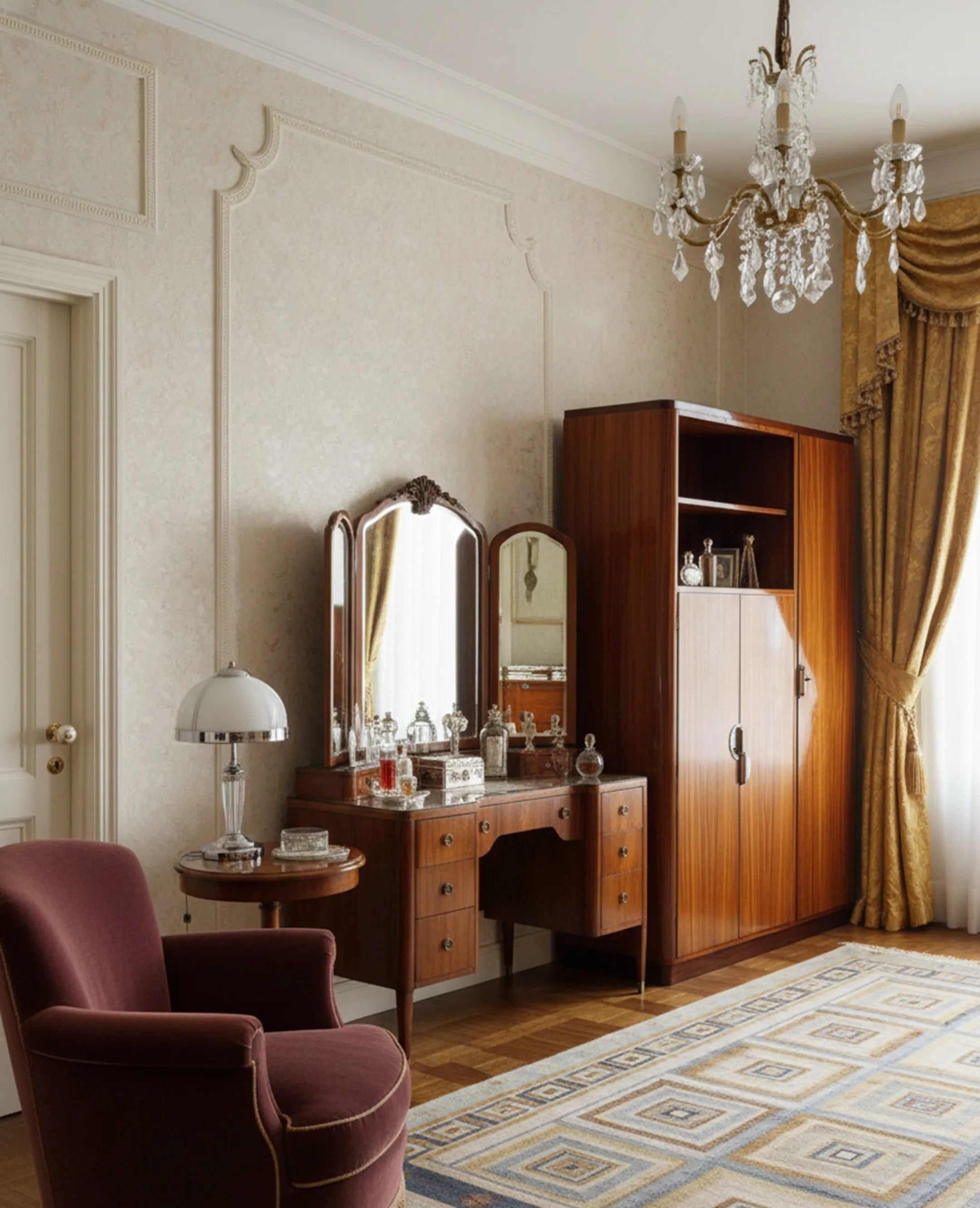 Bibliothèque ancienne dans un salon élégant avec lampe et miroir