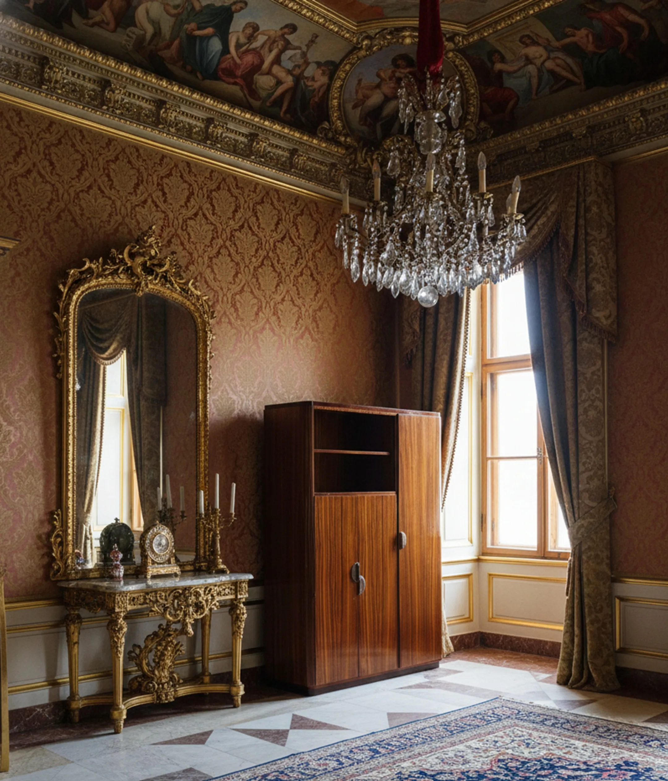 Antiga estante de livros clássica em um ambiente elegante com decoração opulenta.