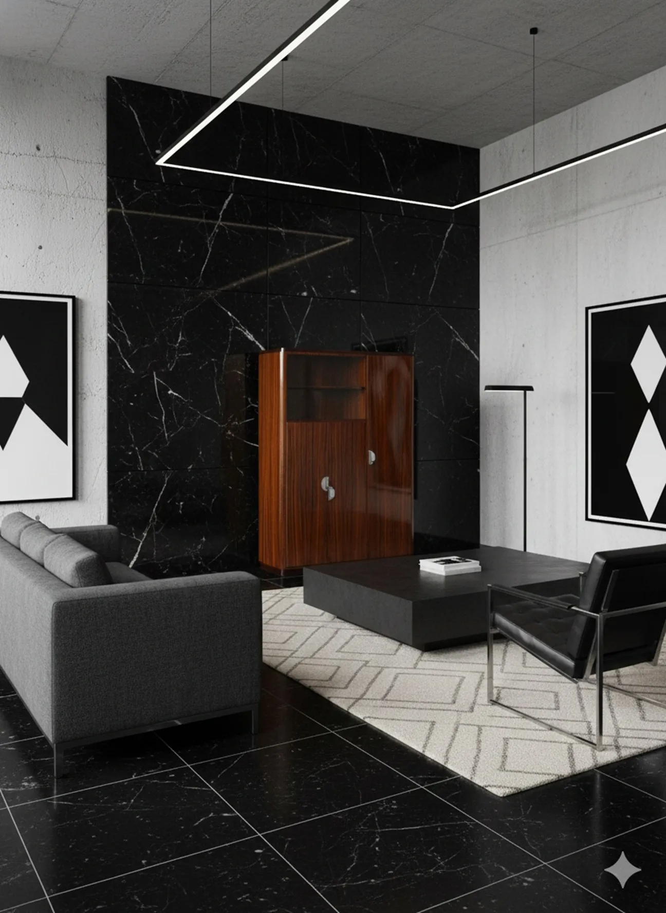 libreria antica in un ambiente moderno con divano e tavolo