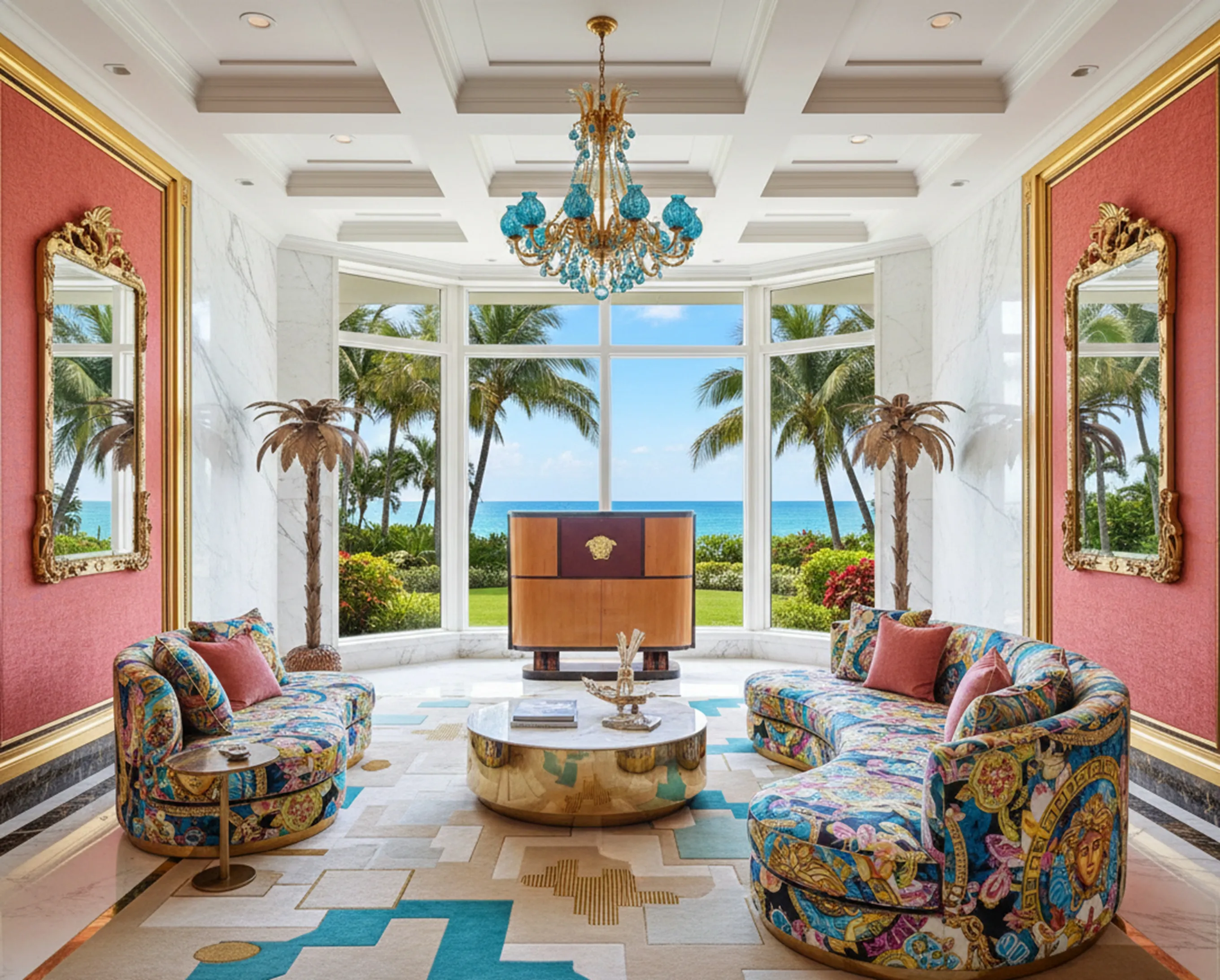 사치스러운 장식이 있는 바다 전망의 고풍스러운 책장