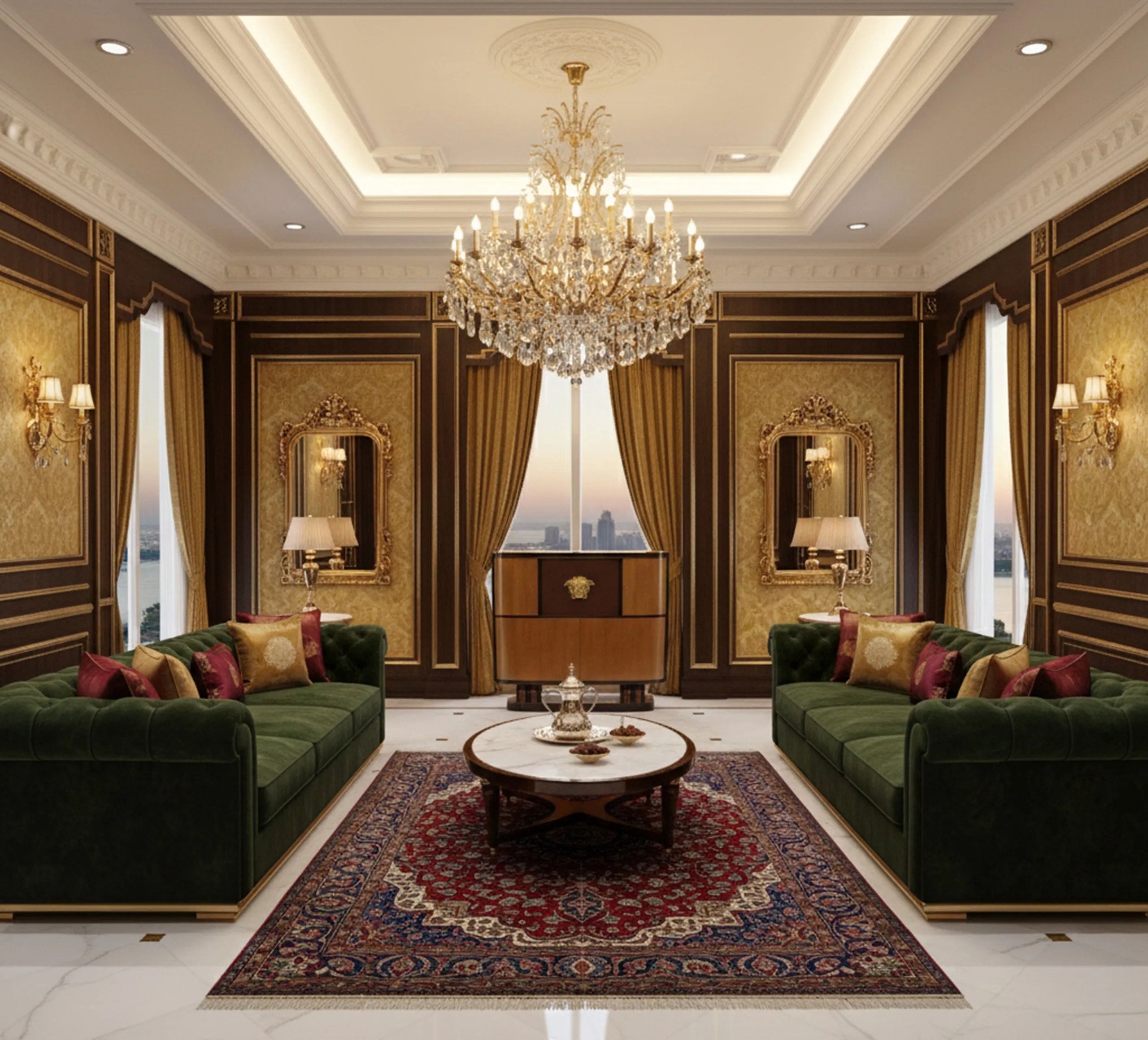 세련된 거실의 고서가와 크리스탈 샹들리에.