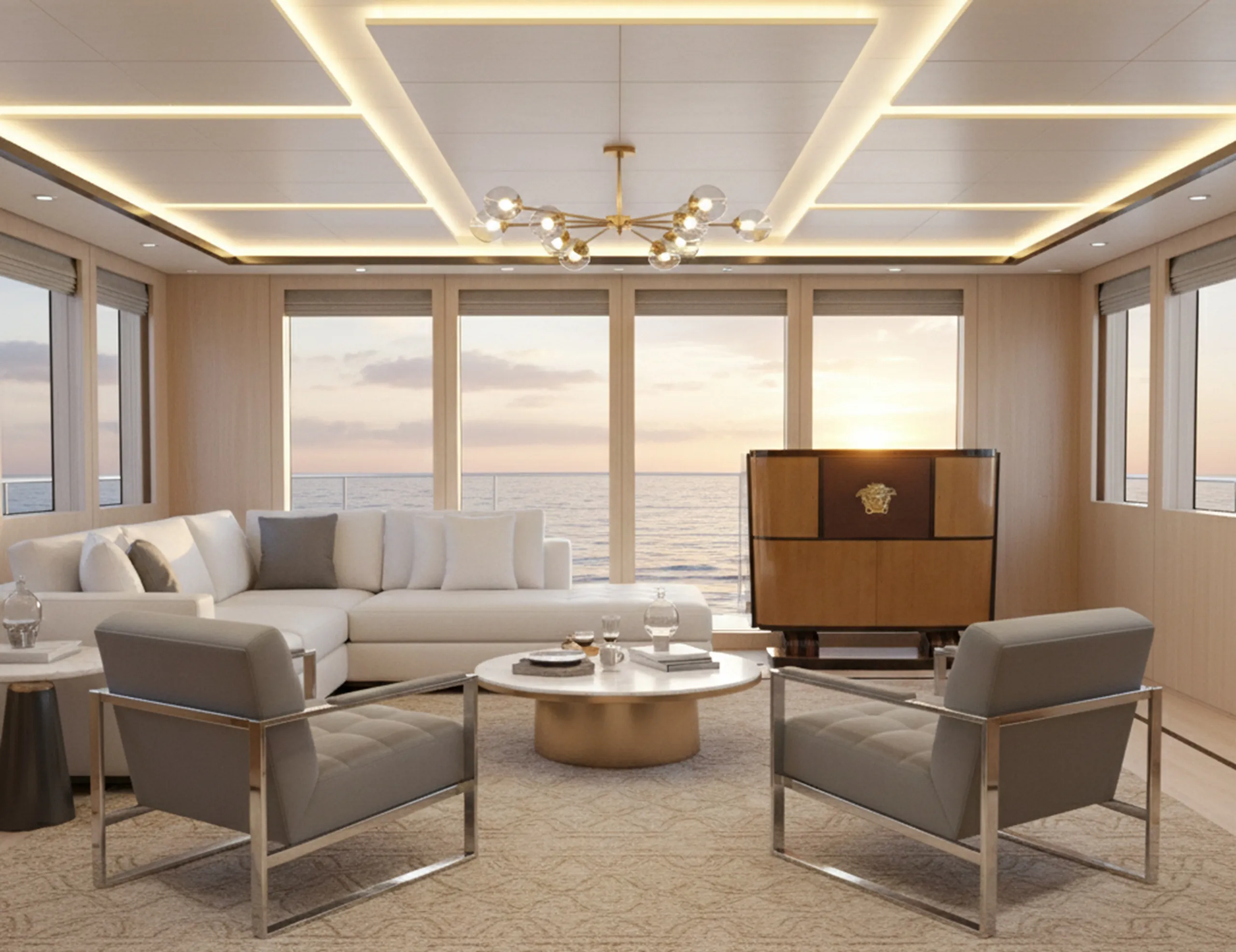 エレガントな古い本棚、柔らかな照明と海の景色