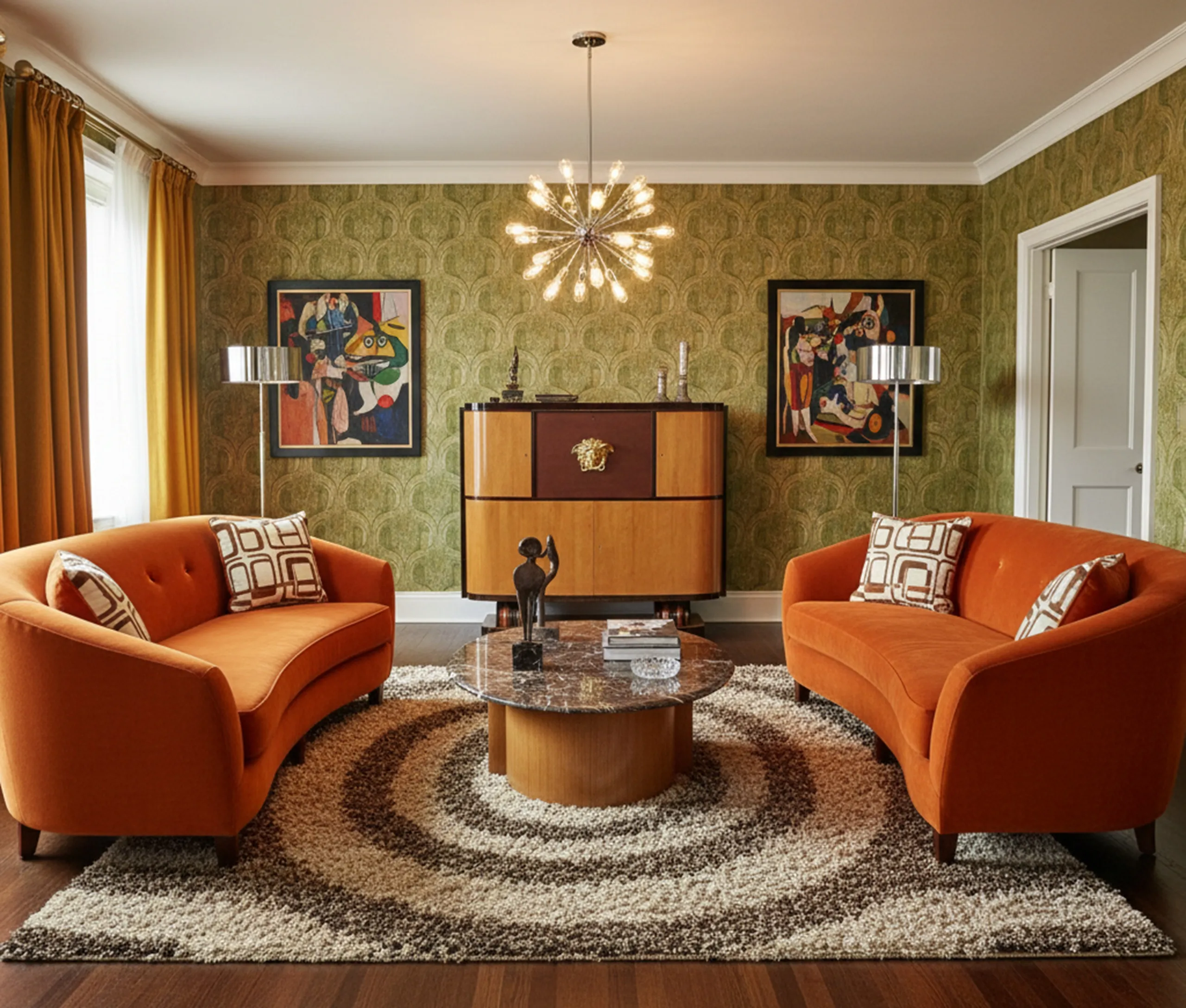 salón con antigua biblioteca, sofá naranja y decoración artística