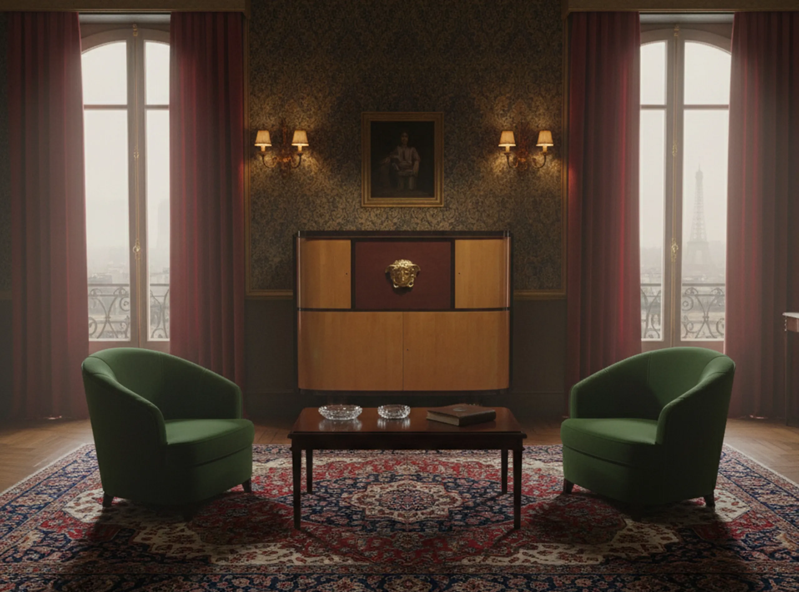 Ancienne bibliothèque dans un cadre élégant, avec des chaises vertes et des rideaux rouges.