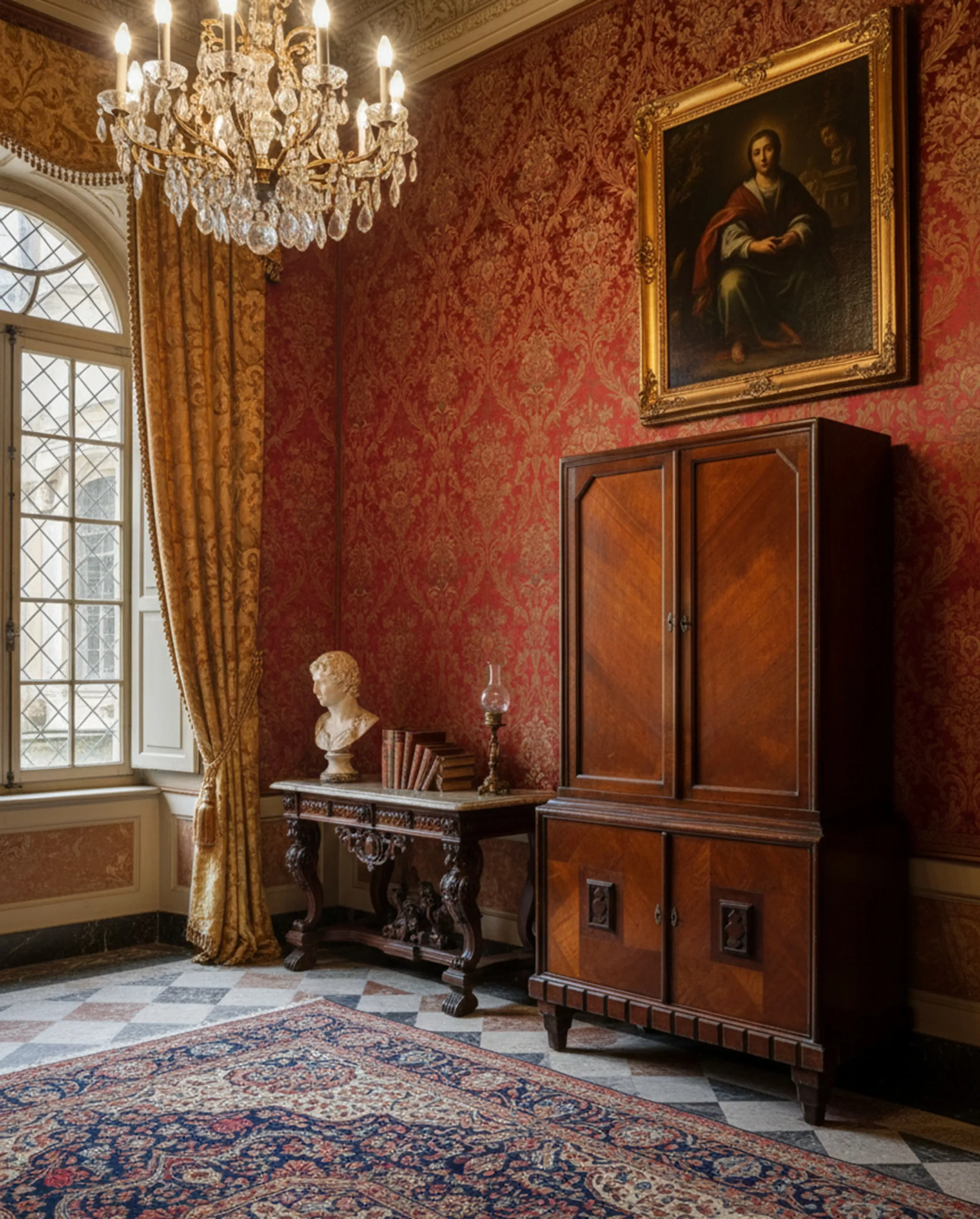 antik-buecherregal-mit-dekorativem-design-in-einem-eleganten-raum-mit-gemälden-und-kronleuchtern