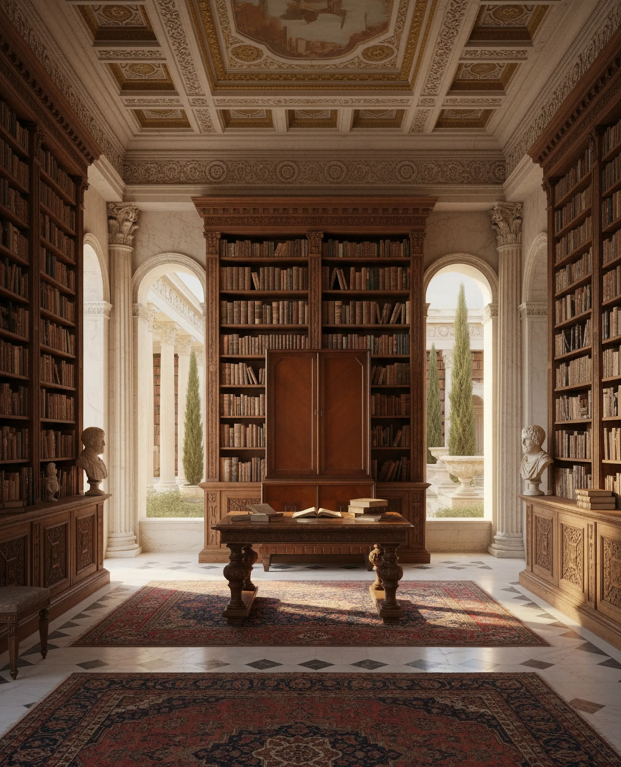 Una biblioteca antigua con estanterías llenas de libros y un escritorio